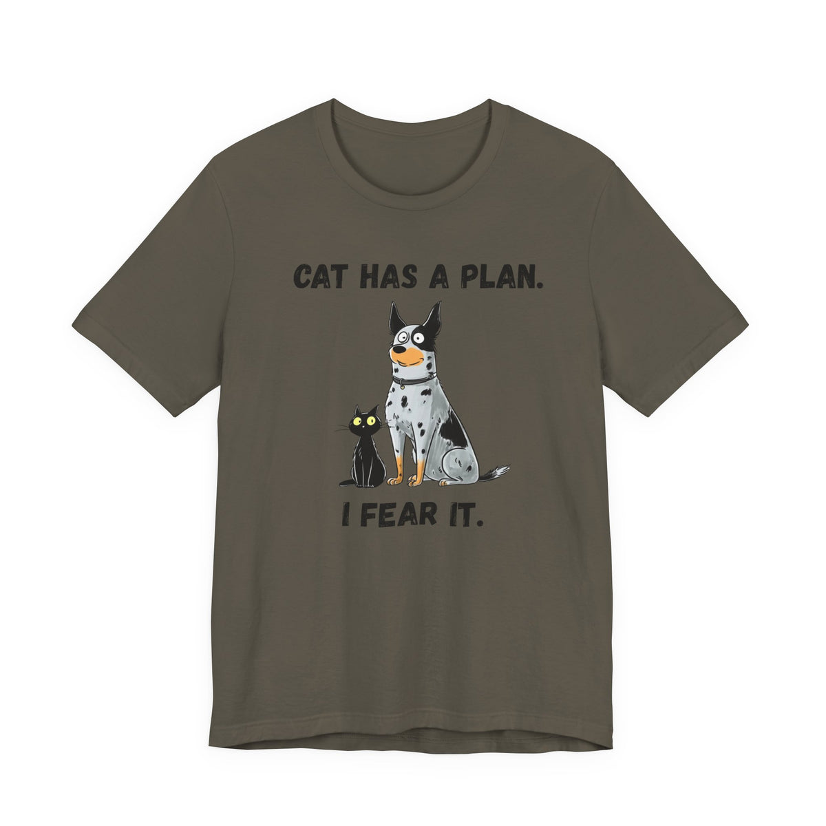 Funny t-shirt featuring a blue heeler dog and a black cat with the text 'Cat Has a Plan. I Fear It.'