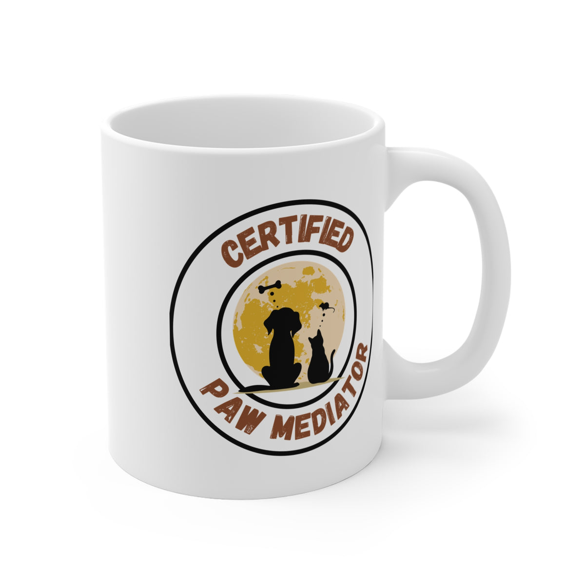 White mug displaying a dog and cat silhouette with 'Certified Paw Mediator' text and a moon background.
