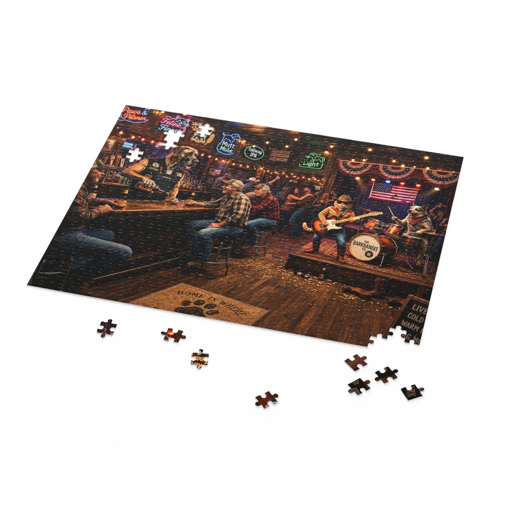 Jigsaw puzzle of a bar scene with musicians and missing pieces on a white background - honky tonk pet band jigsaw puzzle with orange tabby guitarist, Great Dane bartender, dog drummer, neon signs, and country bar scene