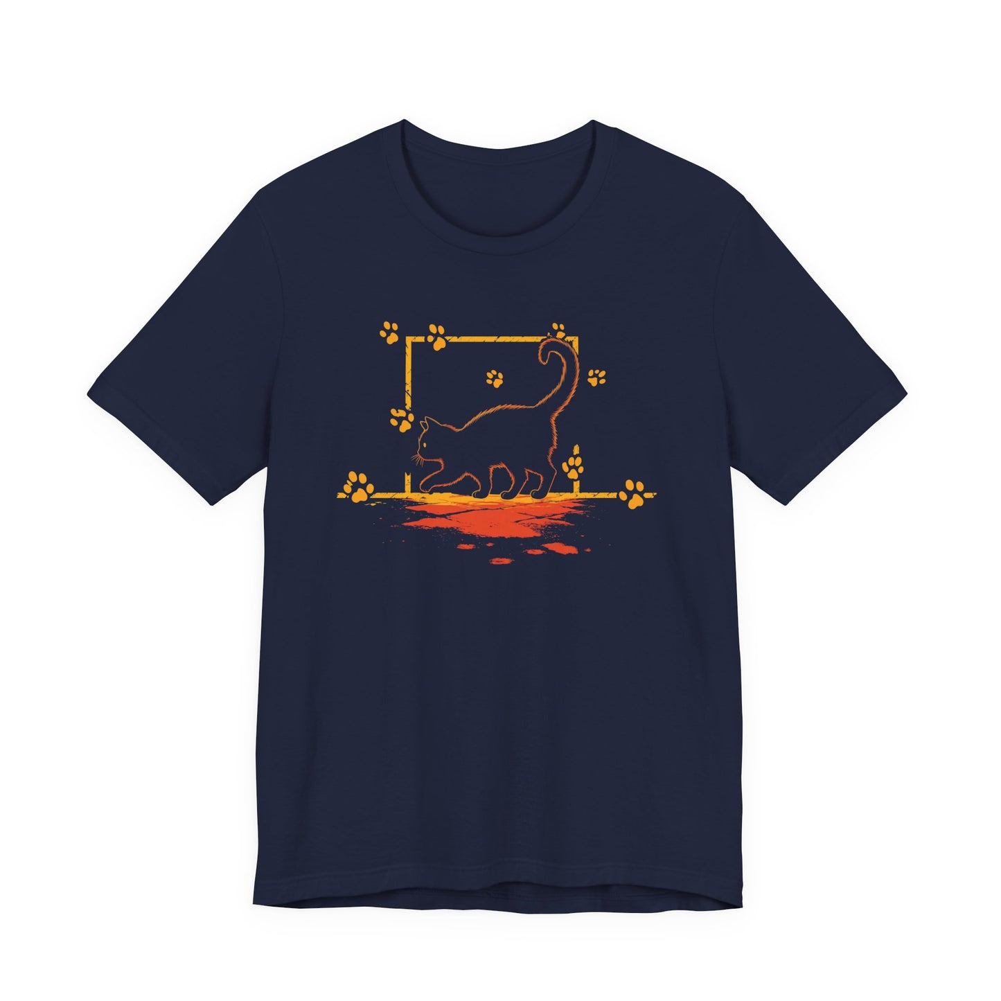 Unknown Feral Cat Night Tee with minimalist black cat line art and glowing orange paw prints