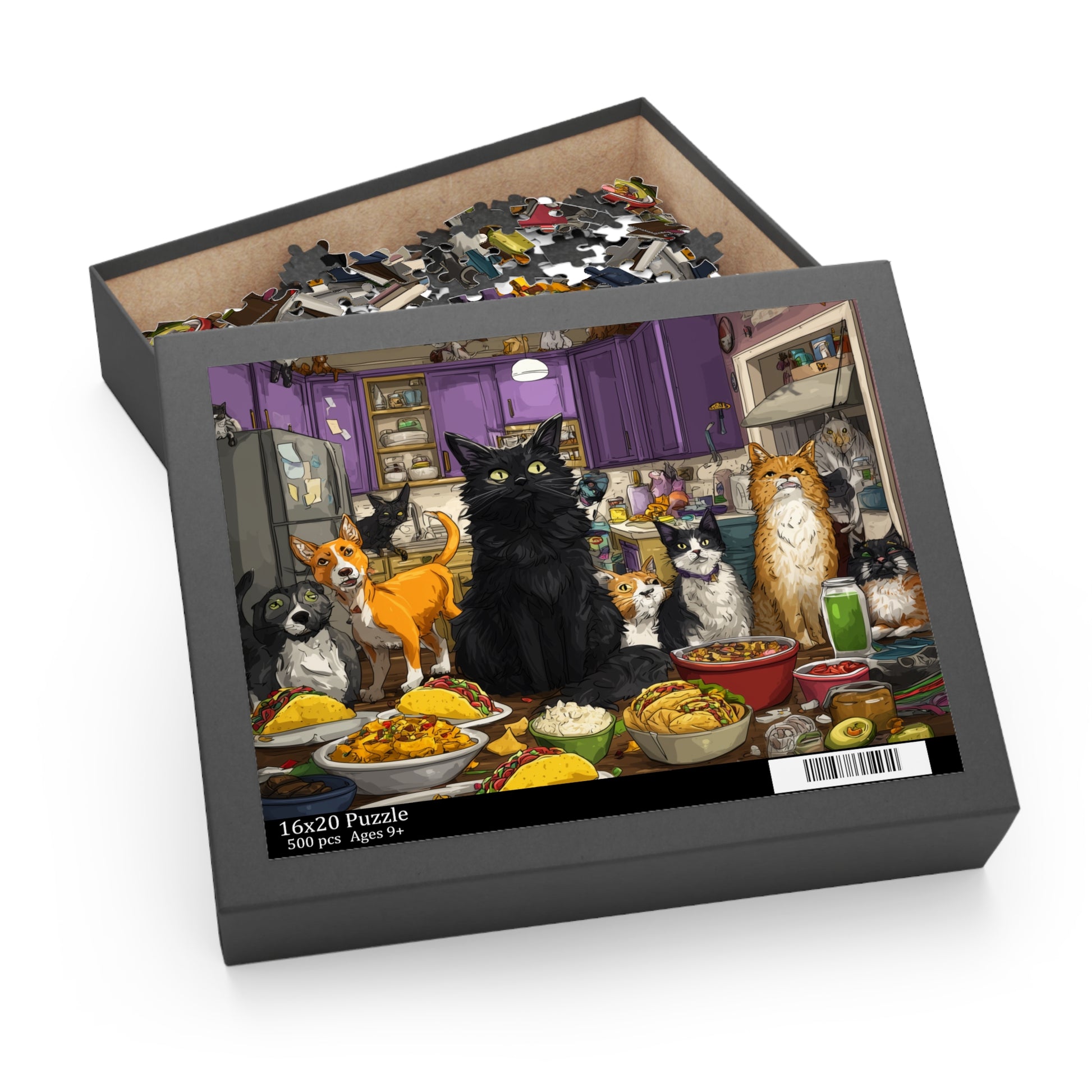 Jigsaw puzzle box with a colorful illustration of cats and dogs in a kitchen, partially completed puzzle visible.