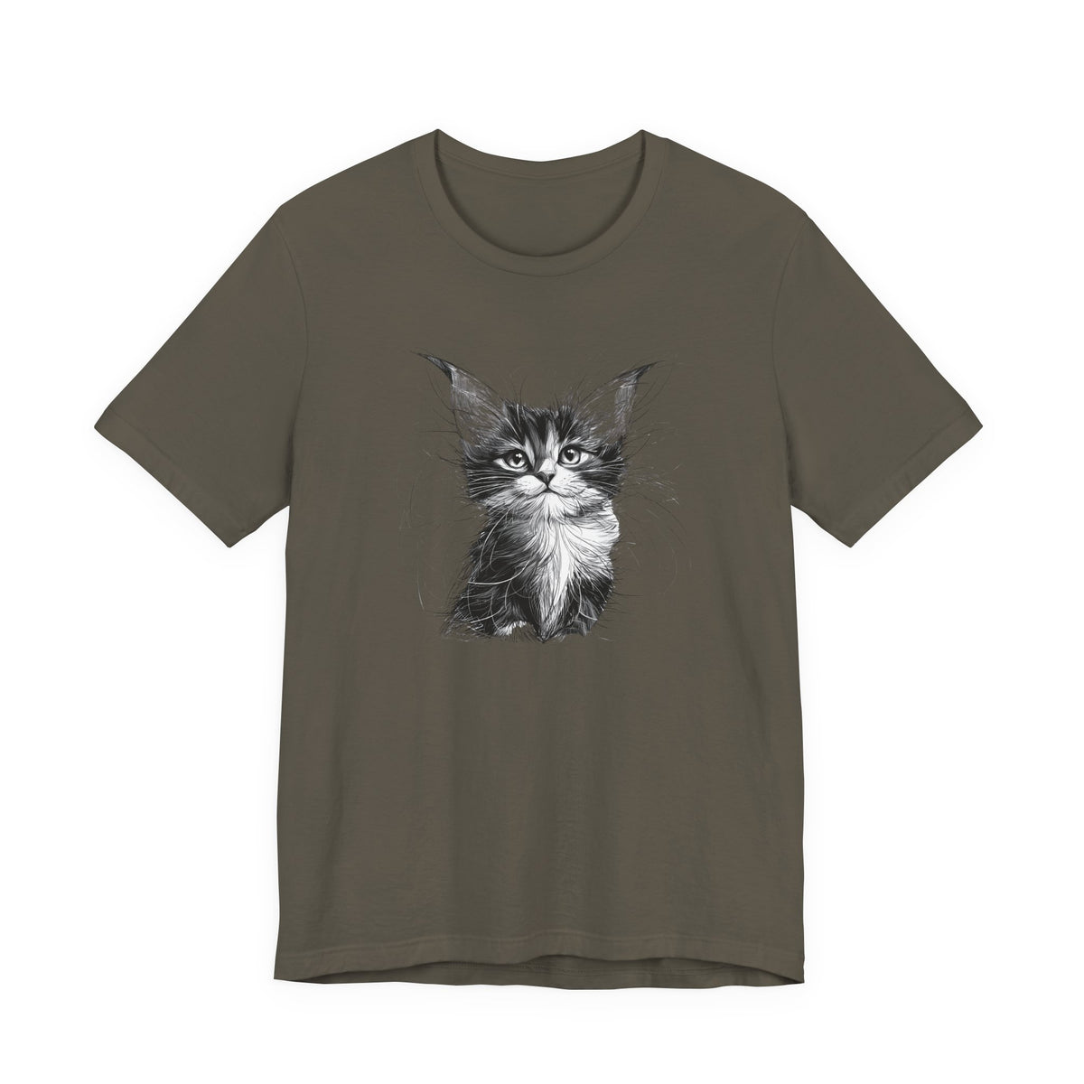 Black and white kitten sketch on a dark olive unisex tee