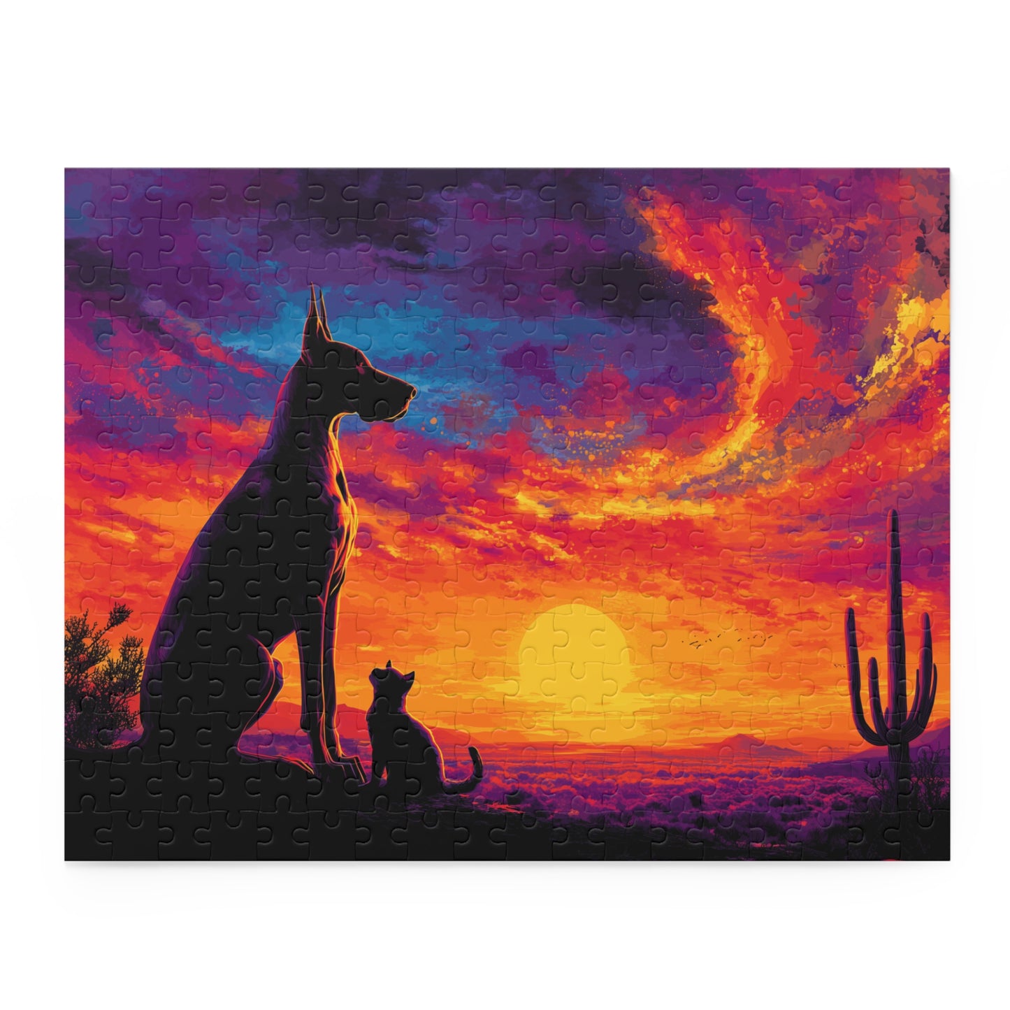 This Desert Sunset Dog &amp; Cat Jigsaw Puzzle features a silhouetted dog and cat sitting together beneath a fiery Southwest sky