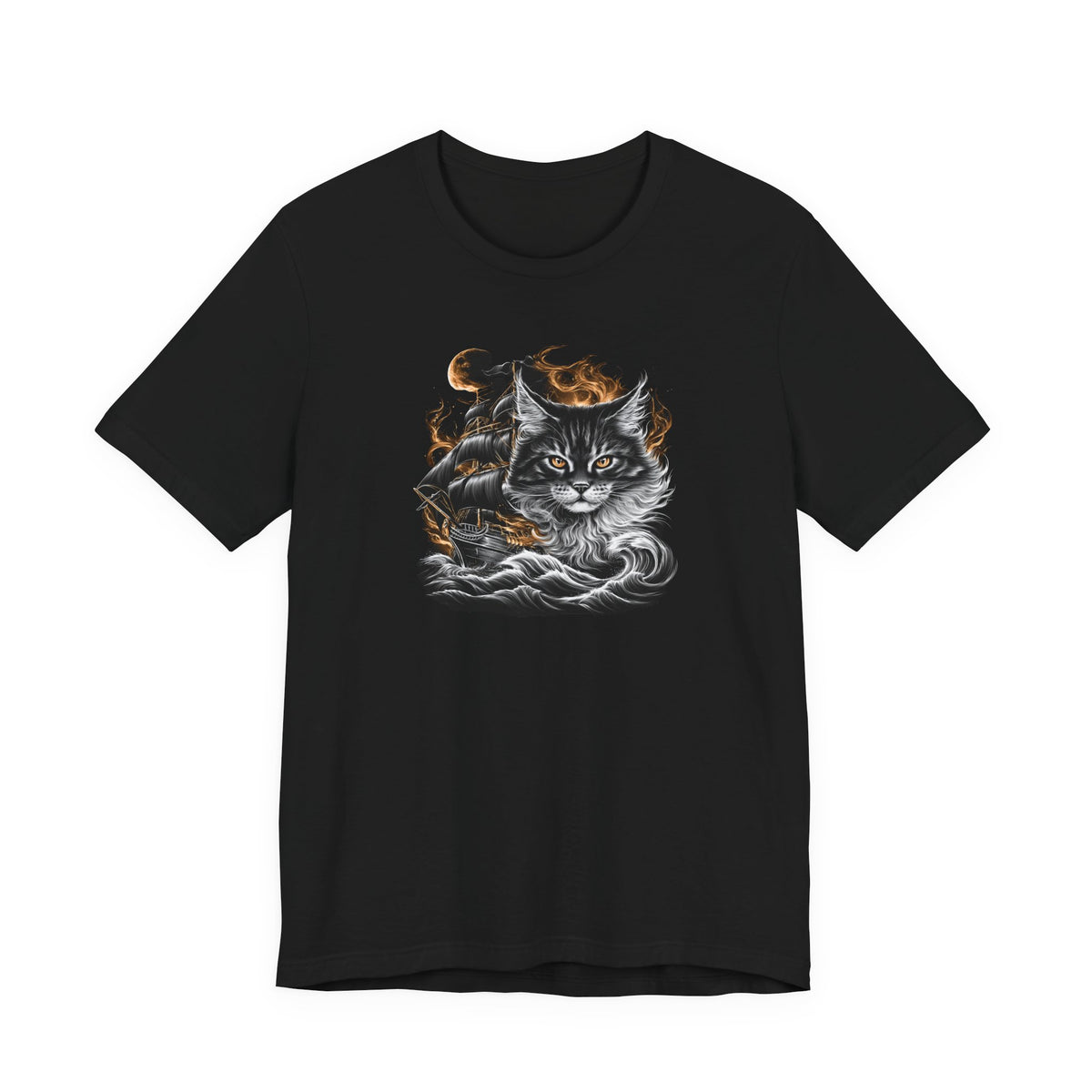 Black tee featuring a cat with a ghost ship design and flames.