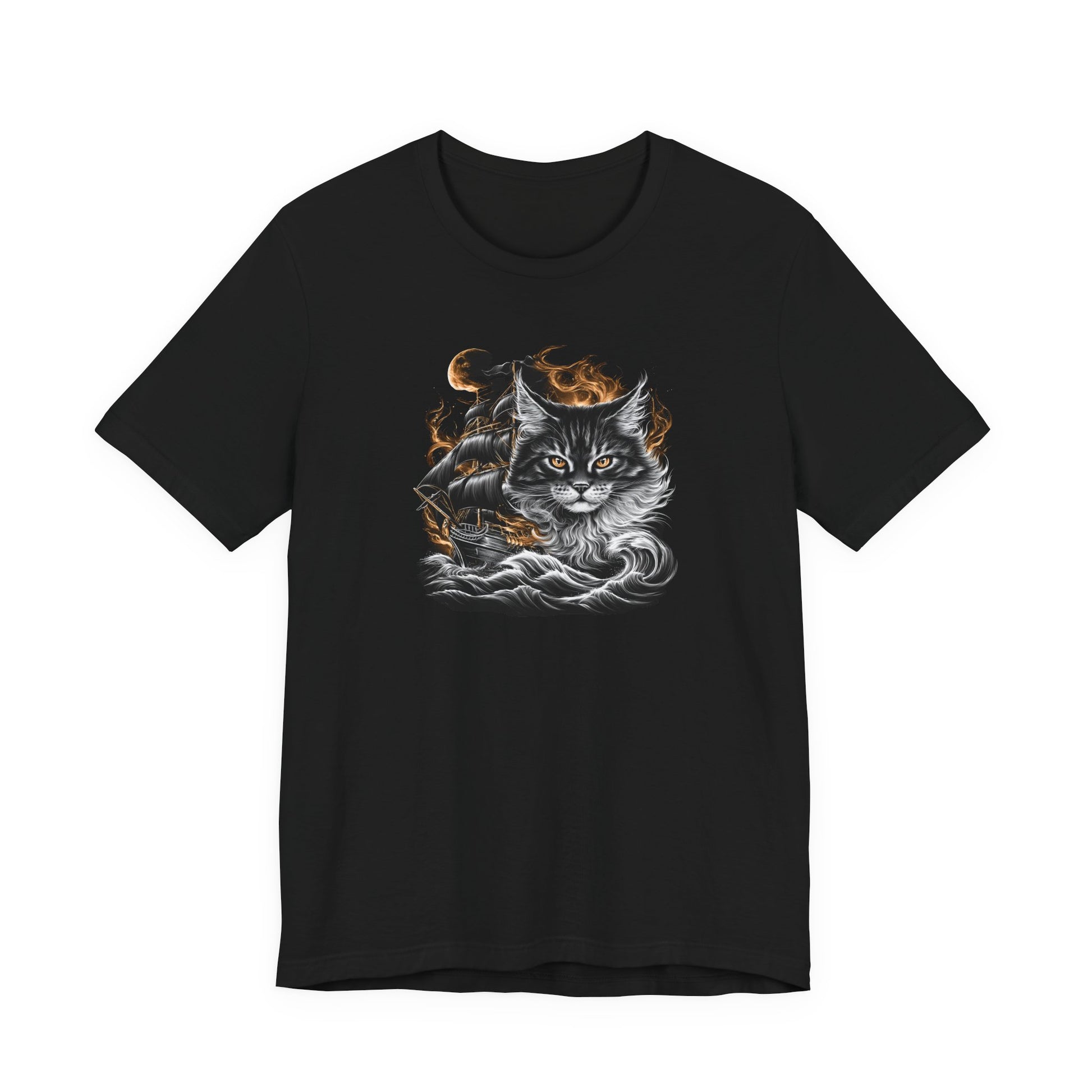 Black tee featuring a cat with a ghost ship design and flames.