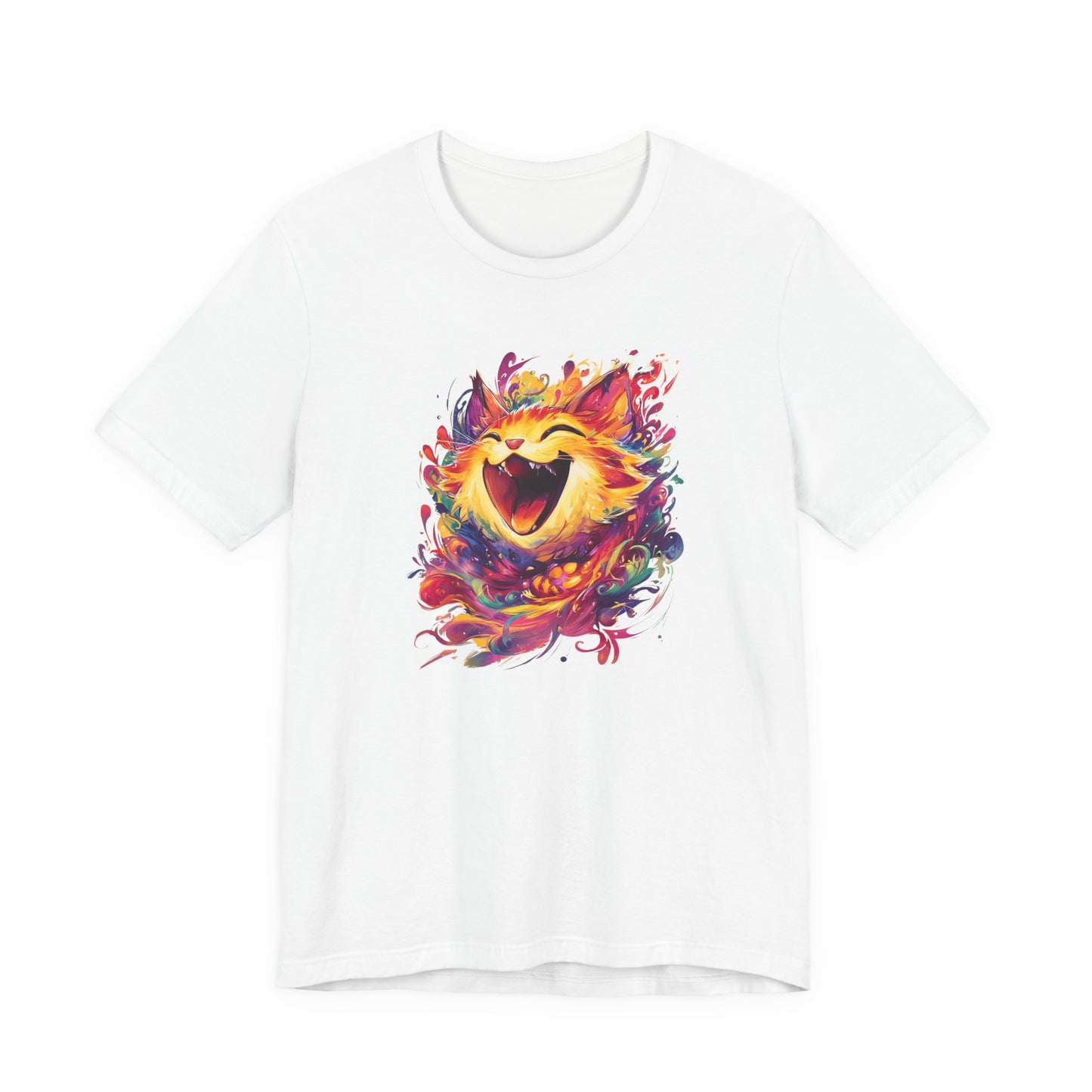 A white short-sleeve crewneck t-shirt featuring a colorful graphic print of a laughing, smiling cat face in a vibrant watercolor splatter style on the chest.