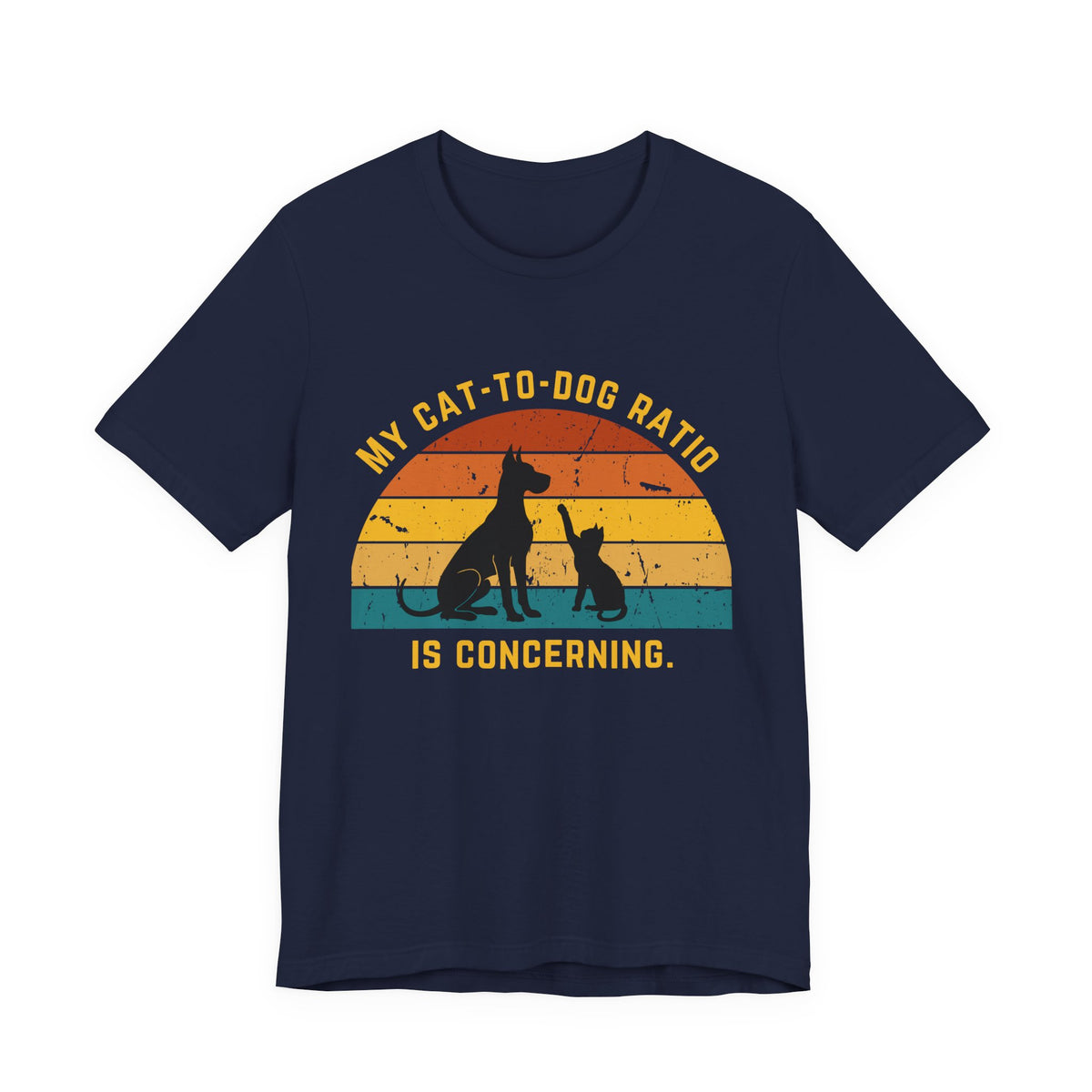 Navy t-shirt featuring a retro design with a dog and cat silhouette and the phrase 'My Cat-to-Dog Ratio Is Concerning.'
