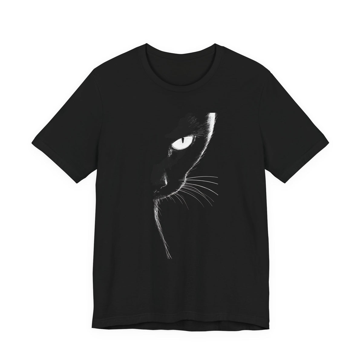 Black t-shirt featuring a minimalist half face cat graphic design.