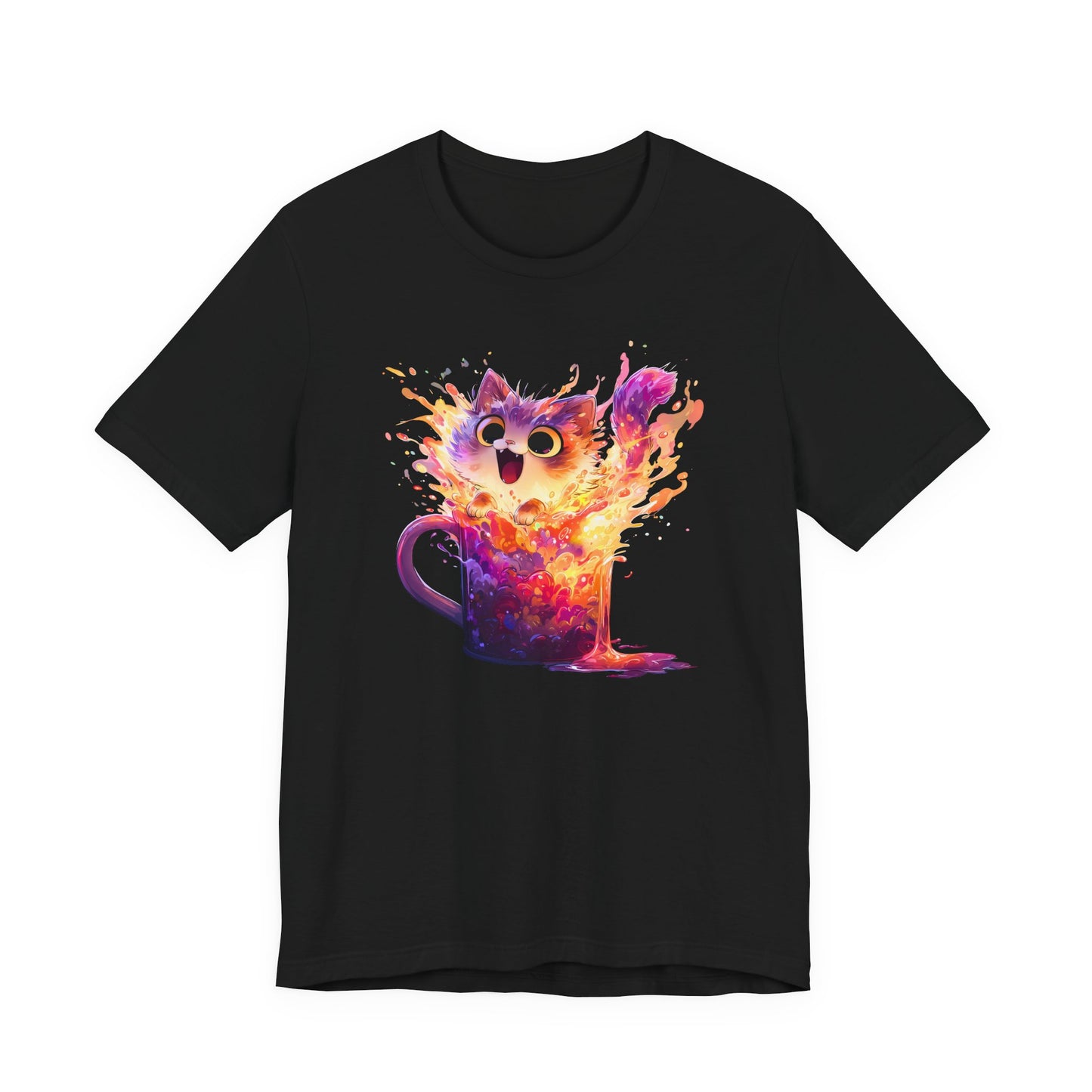 A black short-sleeve crewneck t-shirt featuring a vibrant graphic of a cartoon cat popping out of a mug in a colorful splash of orange, yellow, and purple paint.