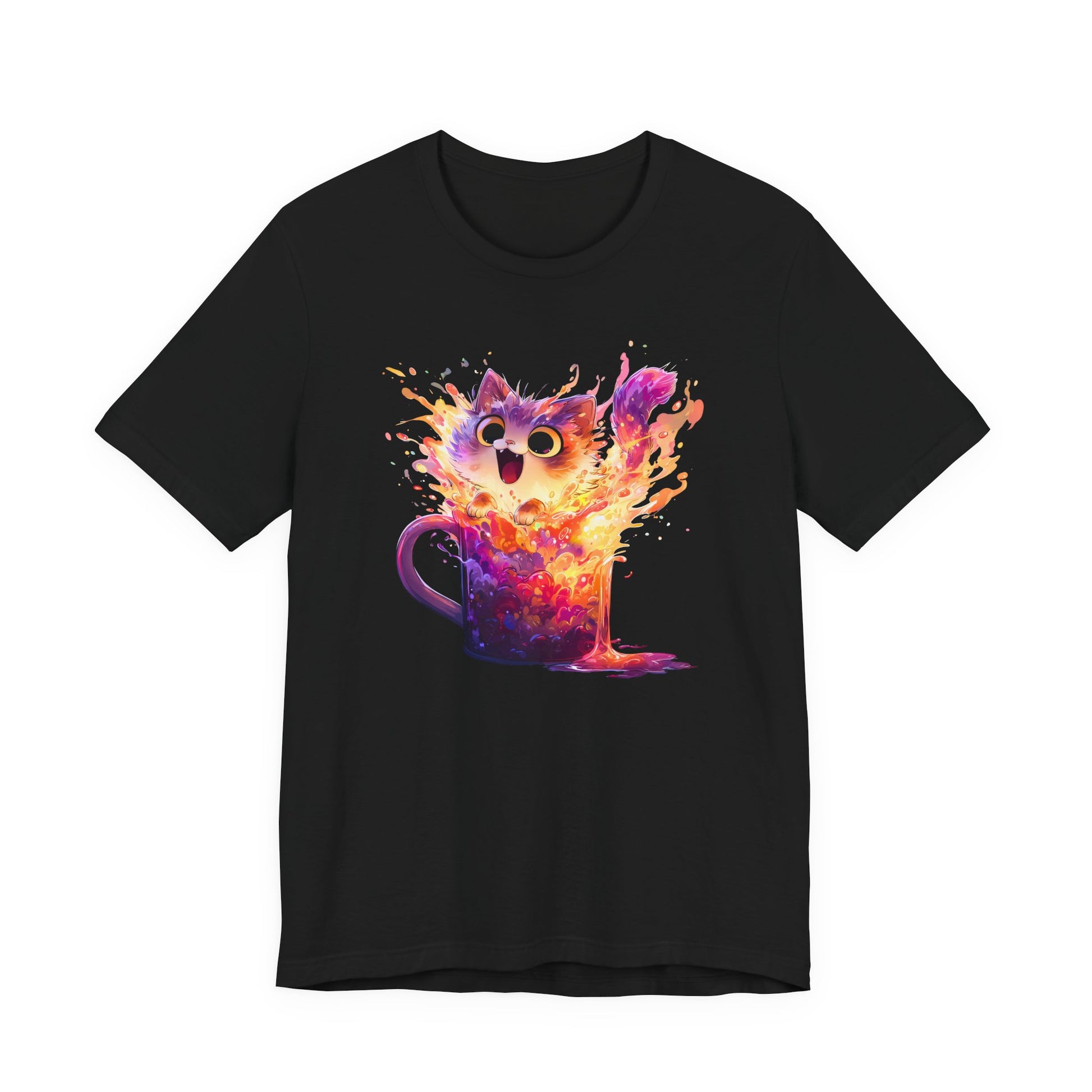 A black short-sleeve crewneck t-shirt featuring a vibrant graphic of a cartoon cat popping out of a mug in a colorful splash of orange, yellow, and purple paint.