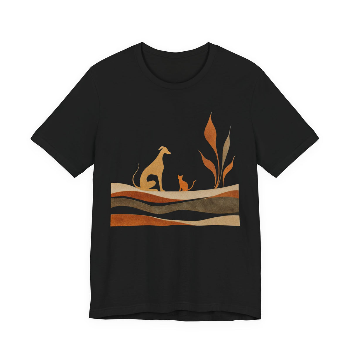 Black t-shirt displaying a dog and cat silhouette design on a white background.