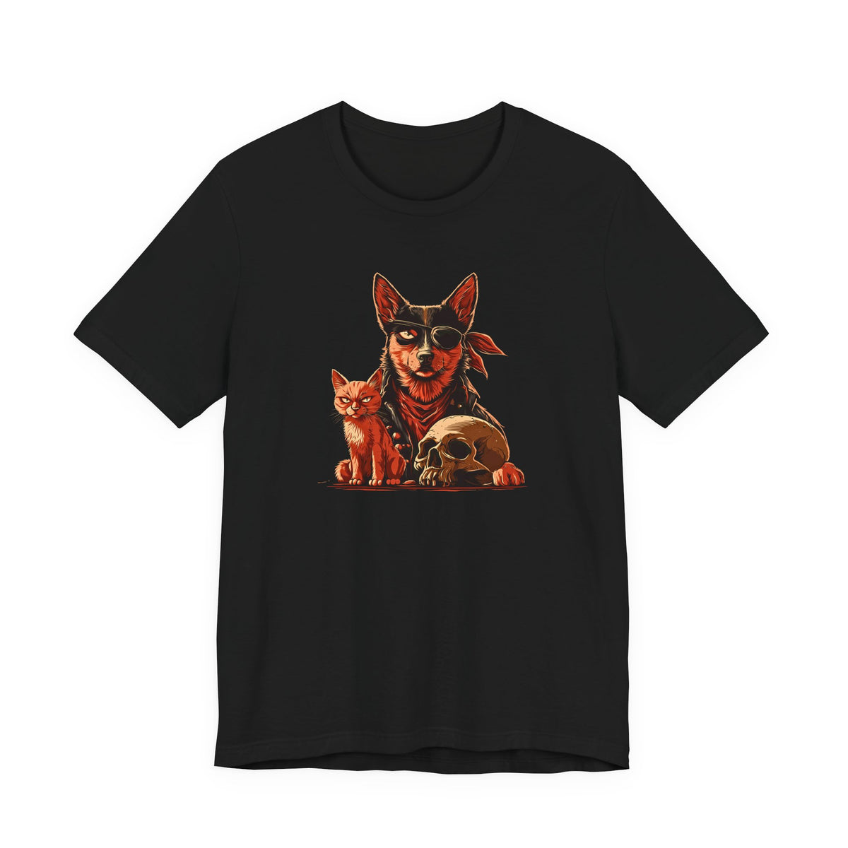Black tee featuring a pirate dog with an eye patch, a cat, and a skull design