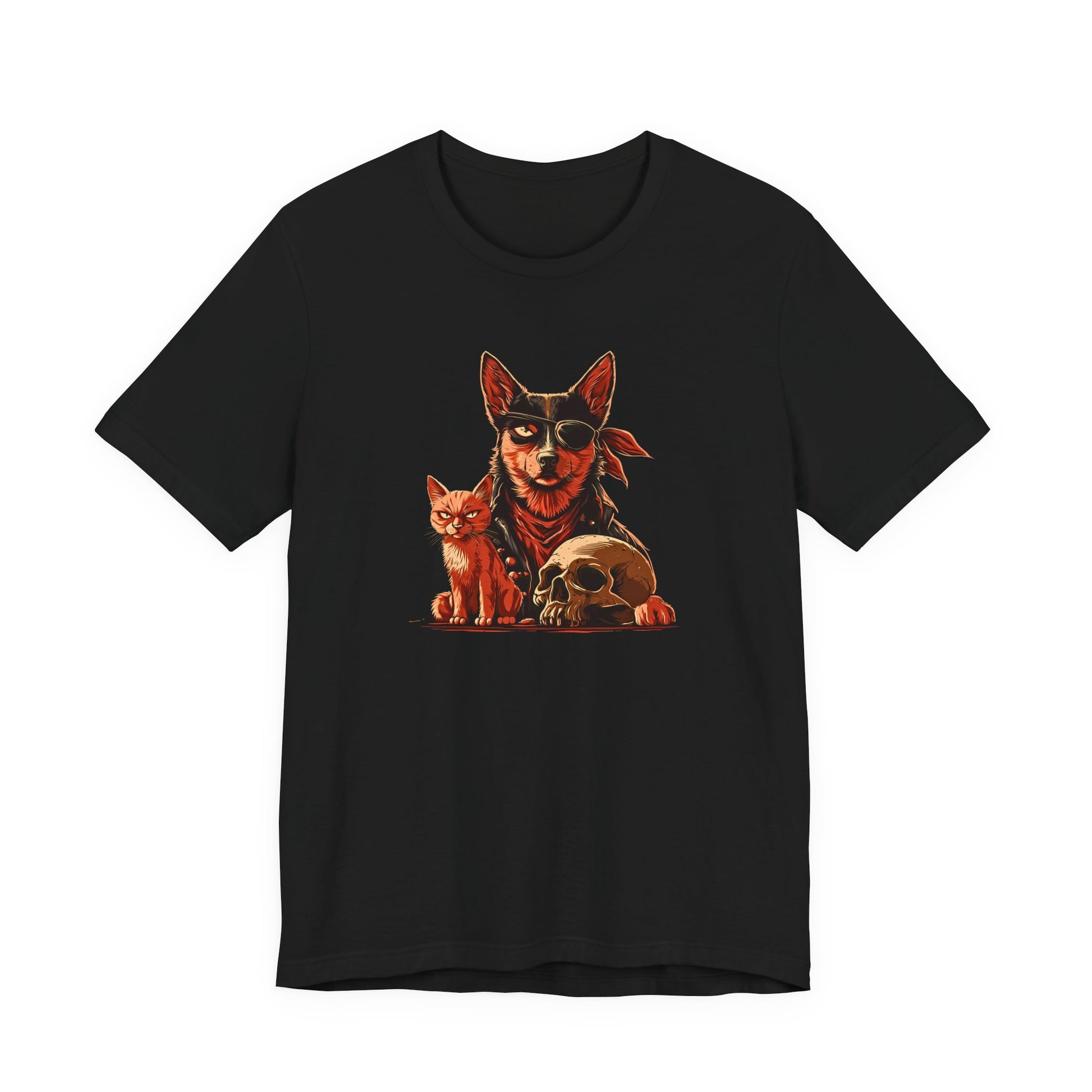 Black tee featuring a pirate dog with an eye patch, a cat, and a skull design