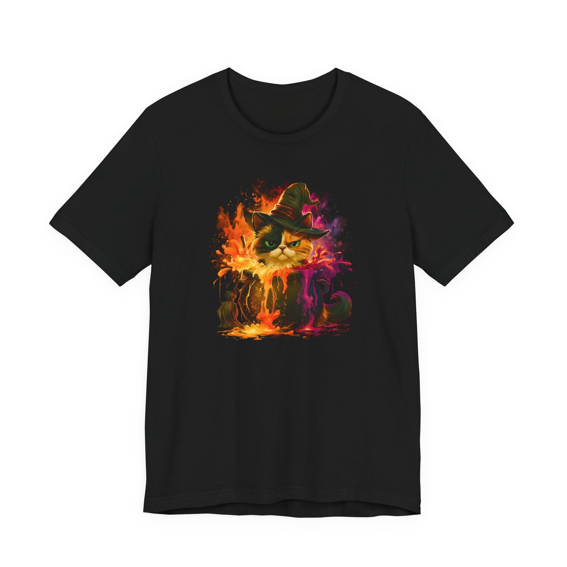 A black short-sleeve crewneck t-shirt featuring a colorful graphic print of a cat wearing a witch hat surrounded by colors in a caldron. 