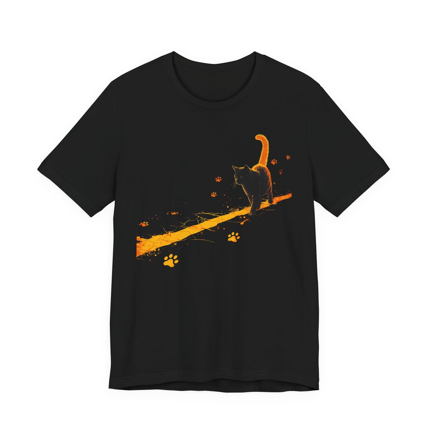 Chaos on a Hot Streak Stray Tee black cat graphic shirt with glowing orange trail and paw prints