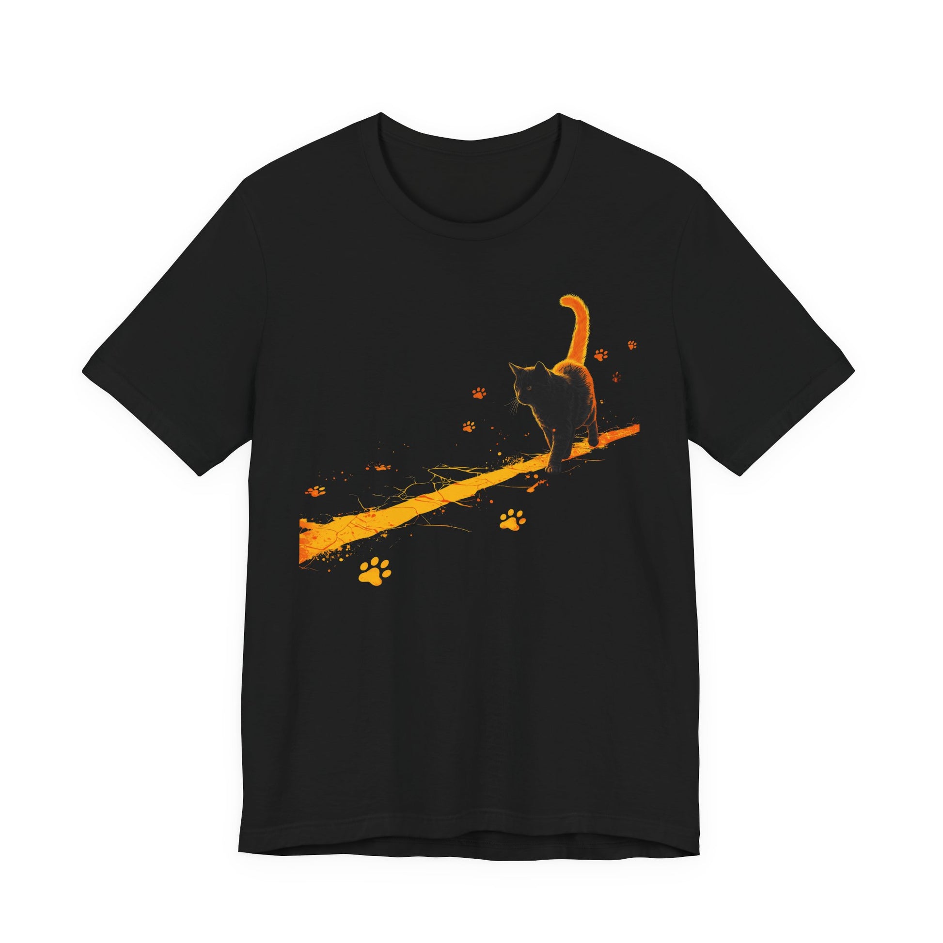 Chaos on a Hot Streak Stray Tee black cat graphic shirt with glowing orange trail and paw prints