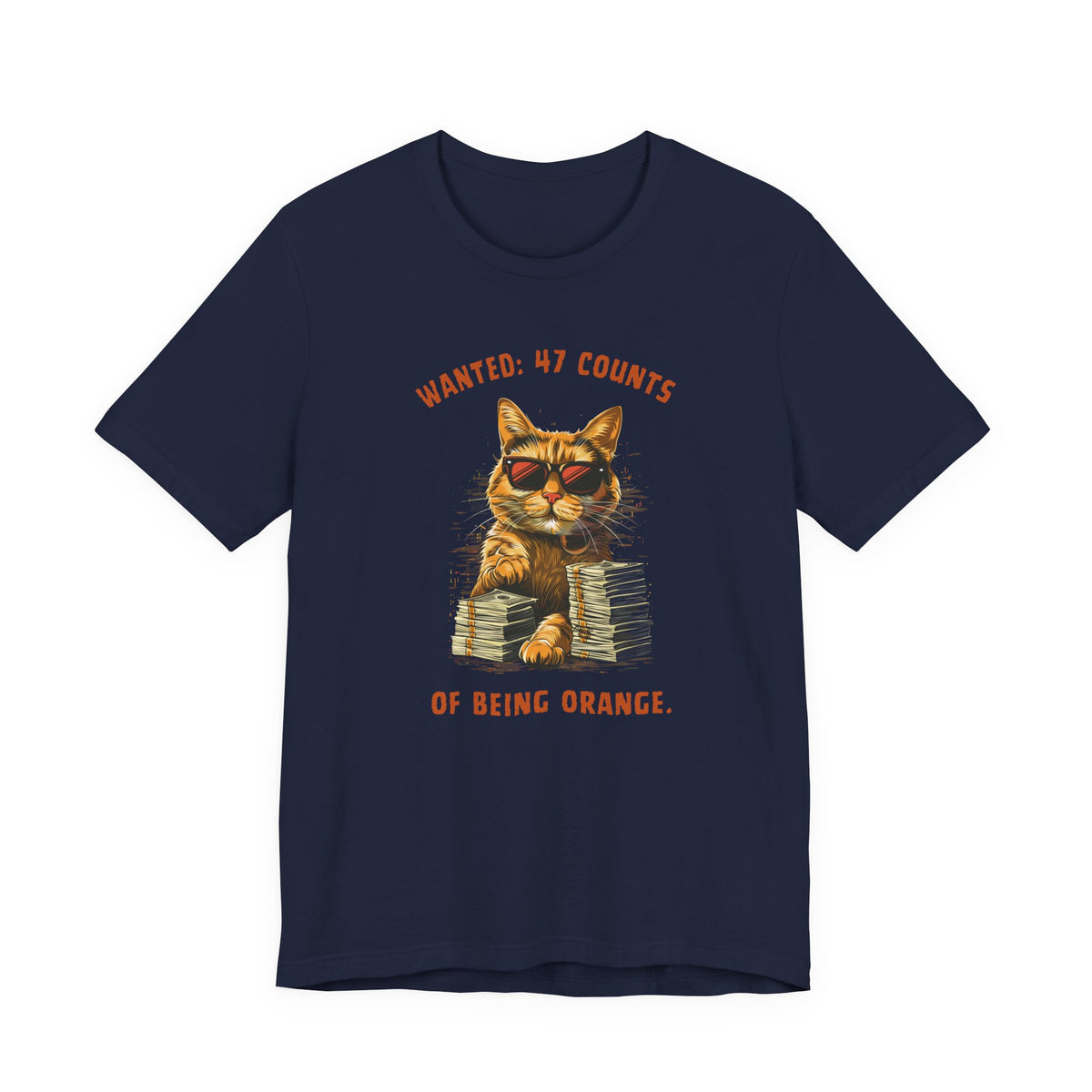 Front view of a navy t-shirt featuring a cat in sunglasses and the text 'Wanted: 47 Counts of Being Orange.'