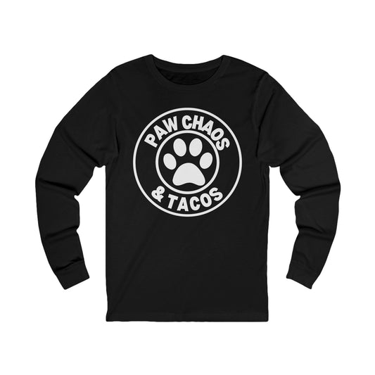Black long-sleeve shirt with 'Paw Chaos & Tacos' design on a white background.
Graphic Tee
Unisex T-Shirt
Funny Pet Shirt
Dog Lover Shirt
Cat & Dog Shirt
Pet Lover Tee
Cat & Dog Shirt
Taco Lover Gift
Taco Night Shirt