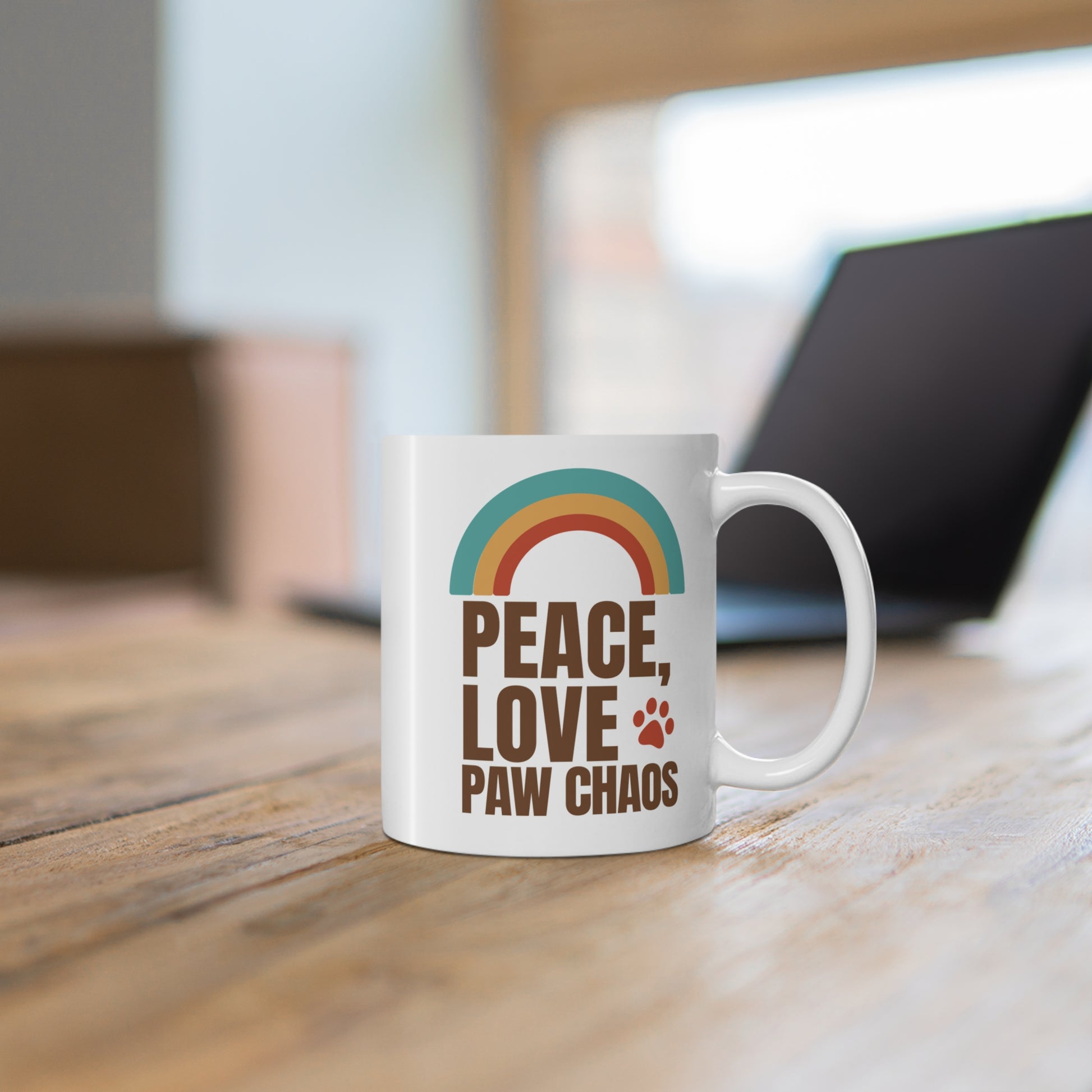 Retro rainbow pet lover white coffee mug, 11oz, Peace Love Paw Chaos design