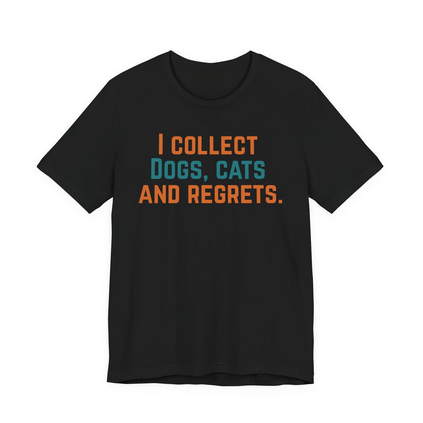Black t-shirt with humorous text design on a white background