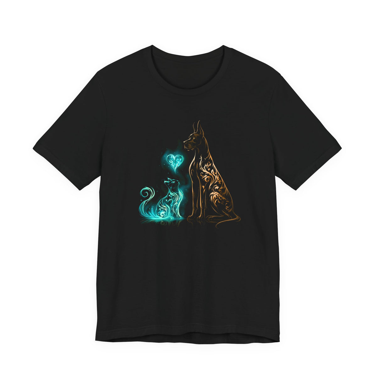 Black tee featuring a dog and cat with colorful heart designs.