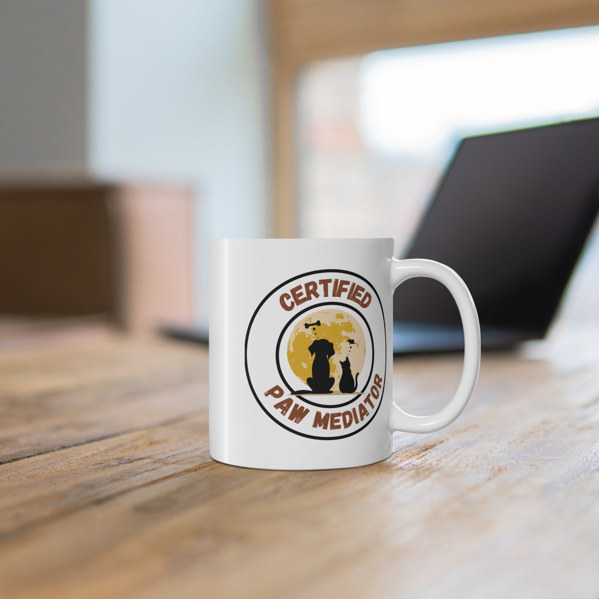 White mug with 'Certified Paw Mediator' design on a wooden table.11oz Coffee Mug
Funny Coffee Cup
Pet Humor Mug
Pet Lover Merch
Animal Themed Gifts
Cute Pet Merch
Coffee Mug Gift
Funny Pet MugPet Parent
Animal Lover
Multi Cat Household
Cat Lover Gifts
Pet Lover Gifts