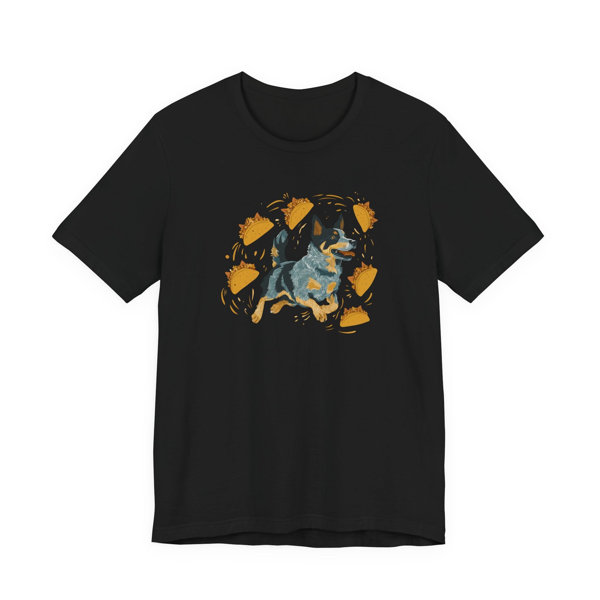 A black short-sleeve crewneck t-shirt featuring a graphic print of a ACD surrounded by golden-yellow abstract shapes on the chest, displayed against a solid white background.