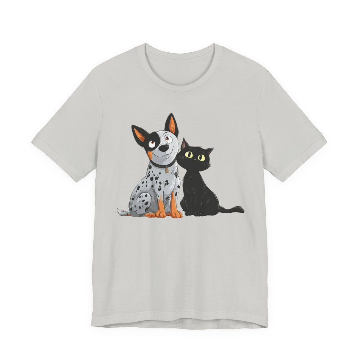 Light gray tee with a charming illustration of a dog and cat.