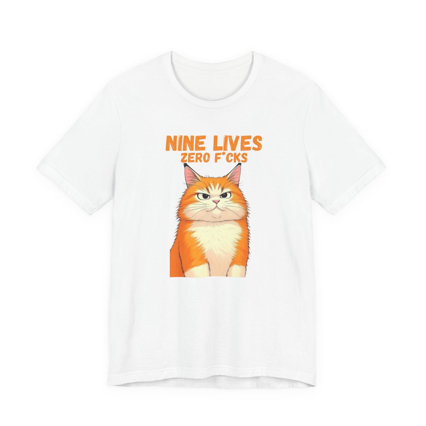 White t-shirt with orange cat graphic and text Nine Lives Zero F*cks