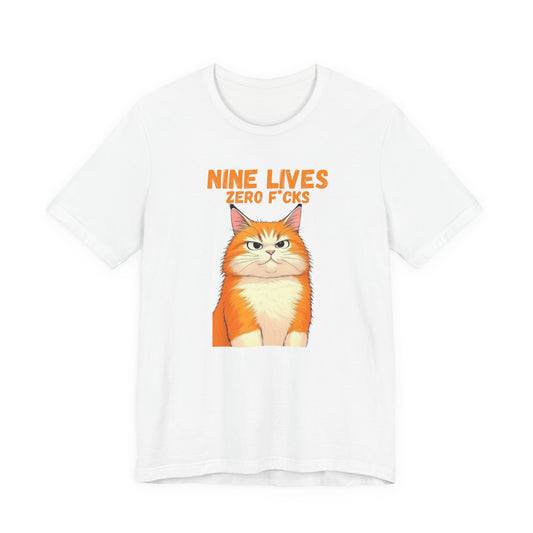 White t-shirt with orange cat graphic and text Nine Lives Zero F*cks