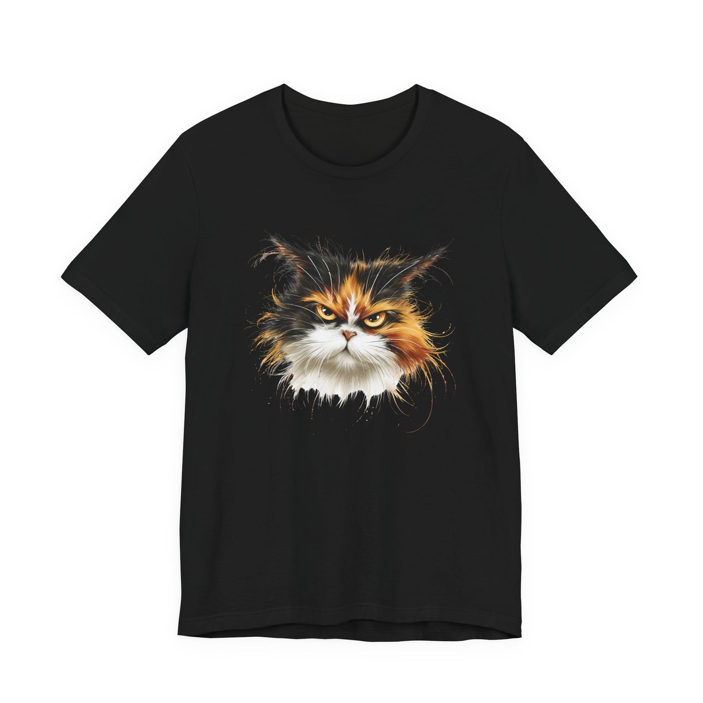Grumpy Calico Rescue Tee with detailed angry calico cat portrait on blck unisex shirt