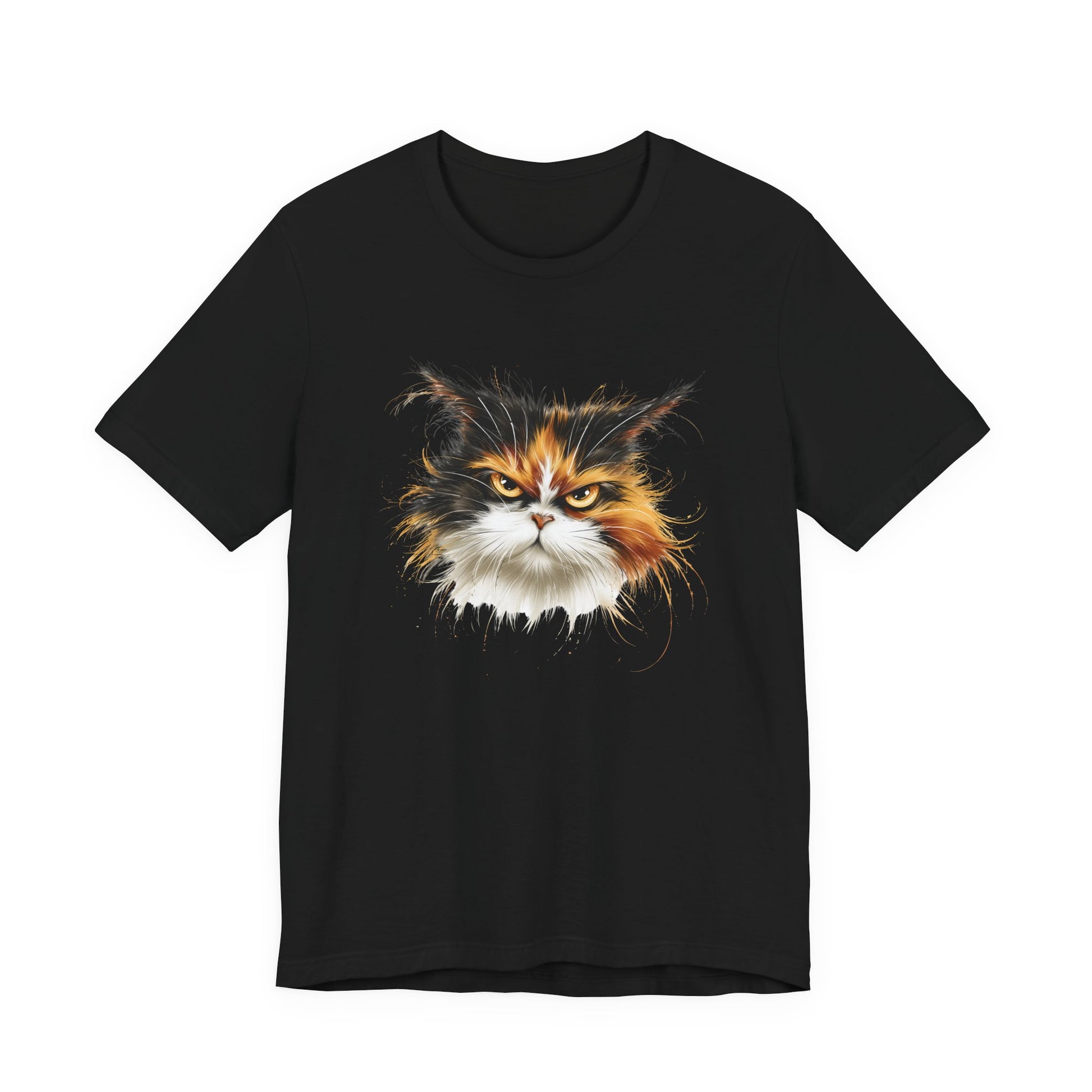 Grumpy Calico Rescue Tee with detailed angry calico cat portrait on blck unisex shirt