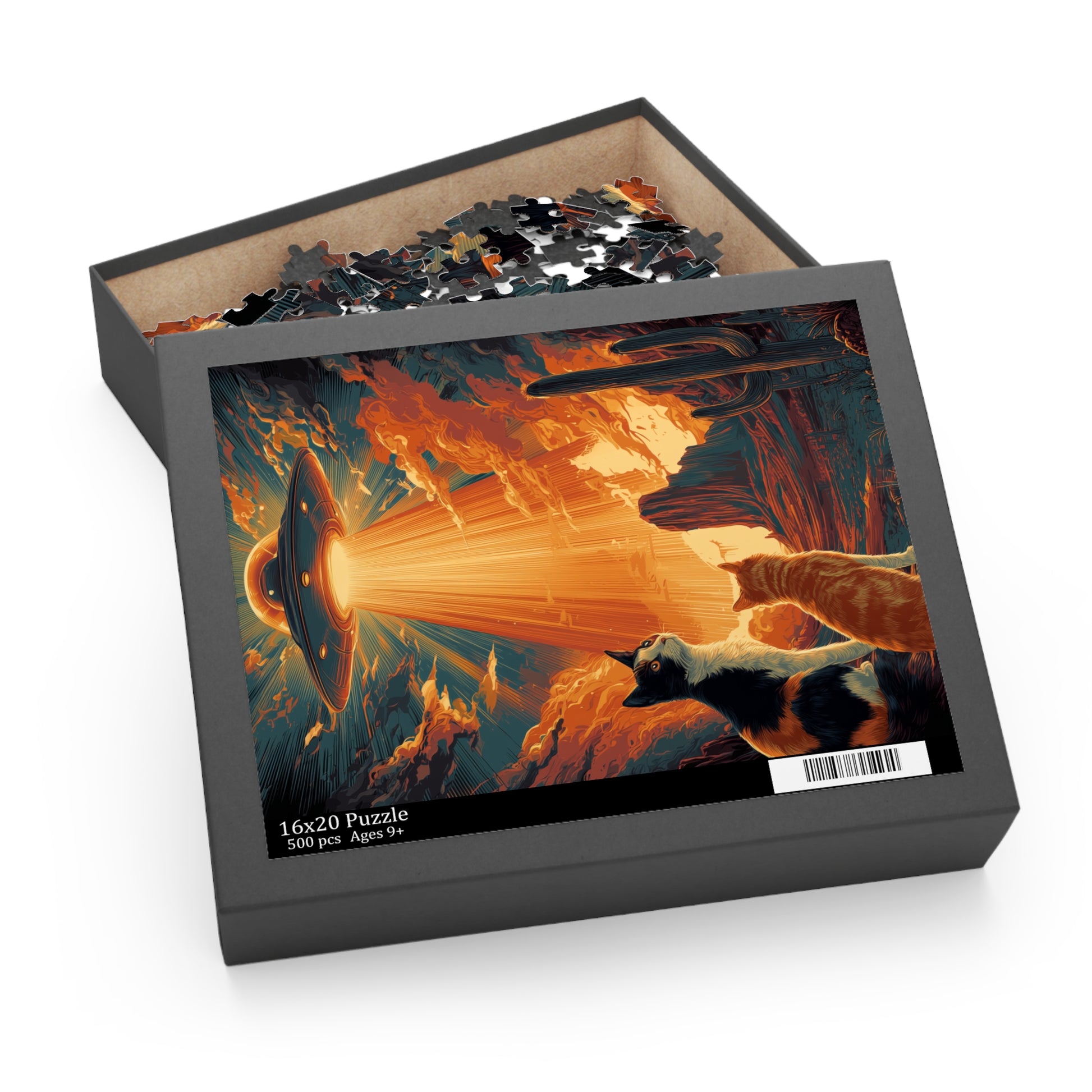 Alien desert cats UFO jigsaw puzzle box with picture-top packaging showing two cats, a glowing UFO beam, orange clouds, and desert cactus.