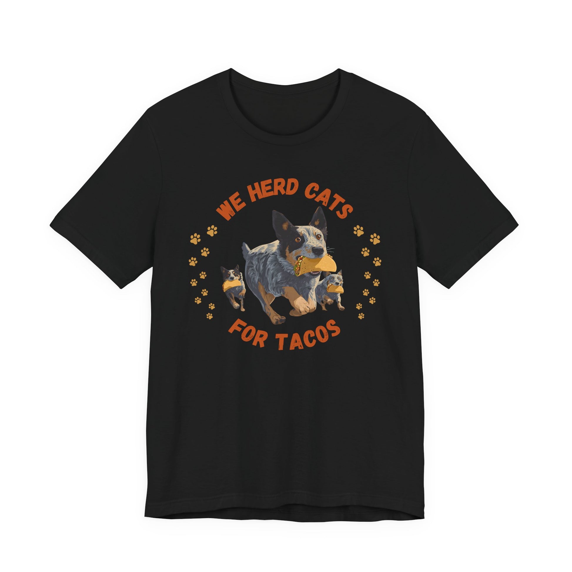 Black t-shirt with a dog and cat graphic and text 'We herd cats for tacos' on a white background