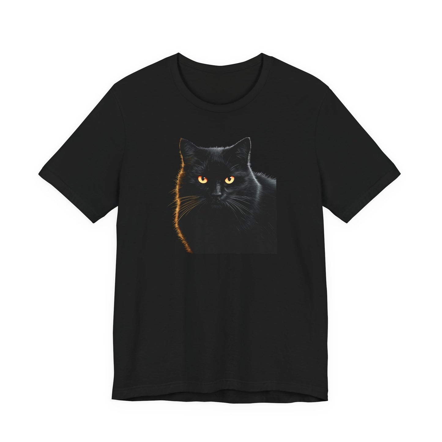 A black short-sleeve crewneck t-shirt featuring a graphic print of a black cat with glowing yellow eyes and a warm orange-gold stripe on its side, displayed against a solid white background.