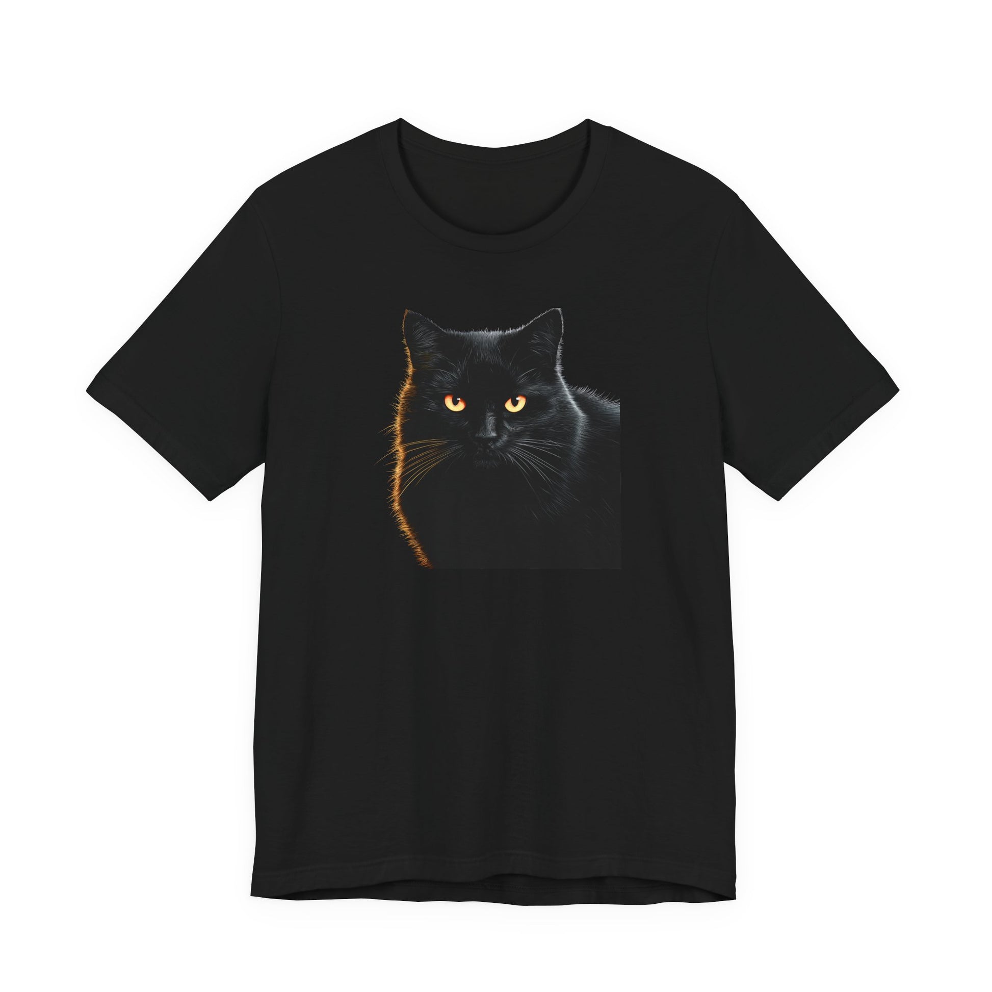 A black short-sleeve crewneck t-shirt featuring a graphic print of a black cat with glowing yellow eyes and a warm orange-gold stripe on its side, displayed against a solid white background.