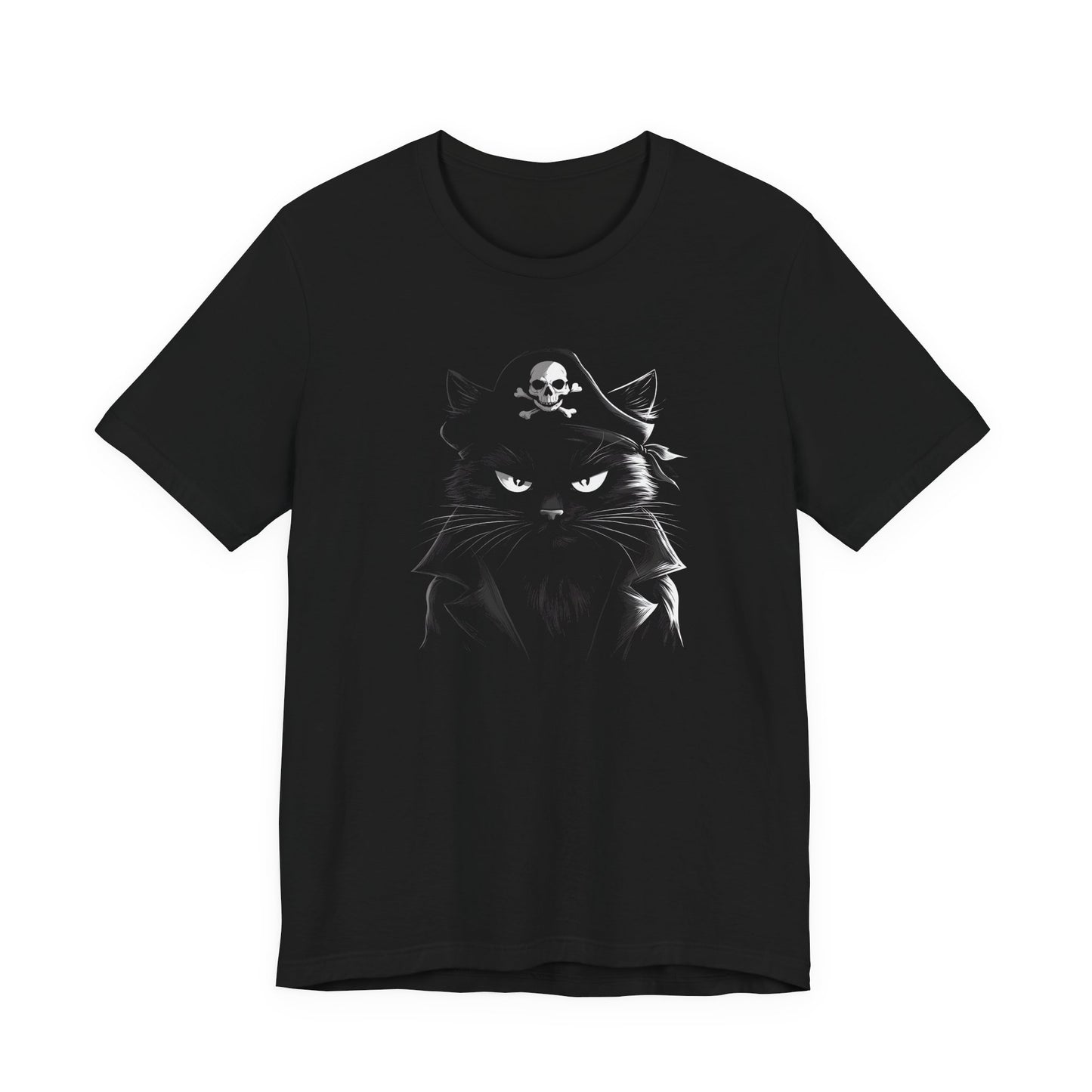 Black tee featuring a pirate cat with a skull and crossbones hat.