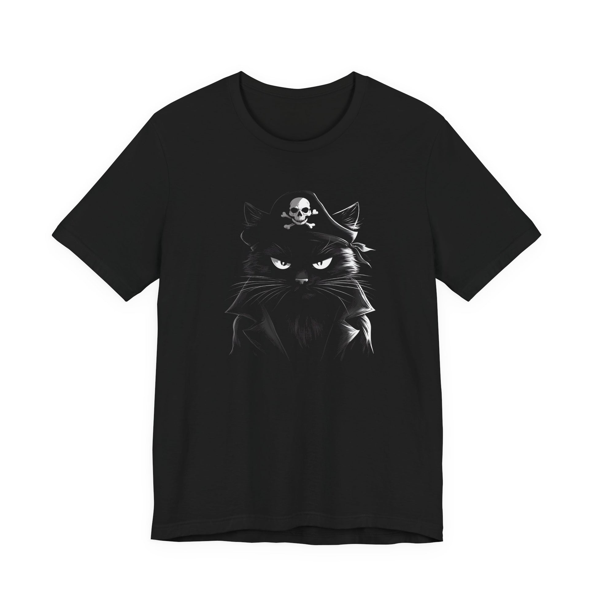 Black tee featuring a pirate cat with a skull and crossbones hat.