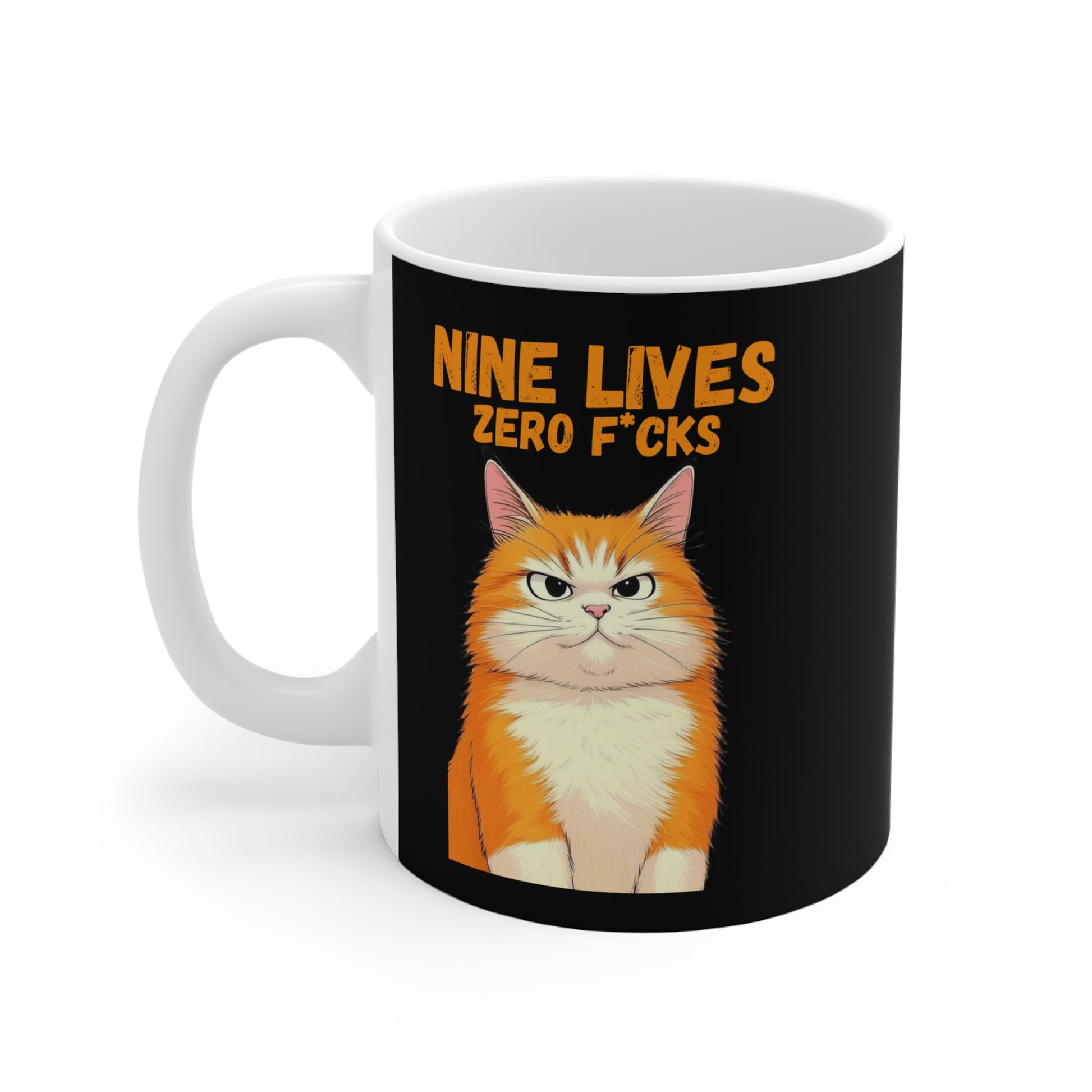 Mug with a cat illustration and text 'Nine Lives Zero F*cks' on a black background. 
Nine Lives Zero F*cks
Zero F*cks Cat
Orange Cat
Spicy Orange Cat
Funny Cat Mug
Attitude Cat
Sarcastic Cat
Cat Meme
Cat Humor
Cat Lover Gift
Cat Mom
Cat Dad
11oz Coffee Mug
Funny Coffee Cup
Pet Humor Mug
Pet Lover Merch
Animal Themed Gifts
Cute Pet Merch
Coffee Mug Gift
Funny Pet Mug

