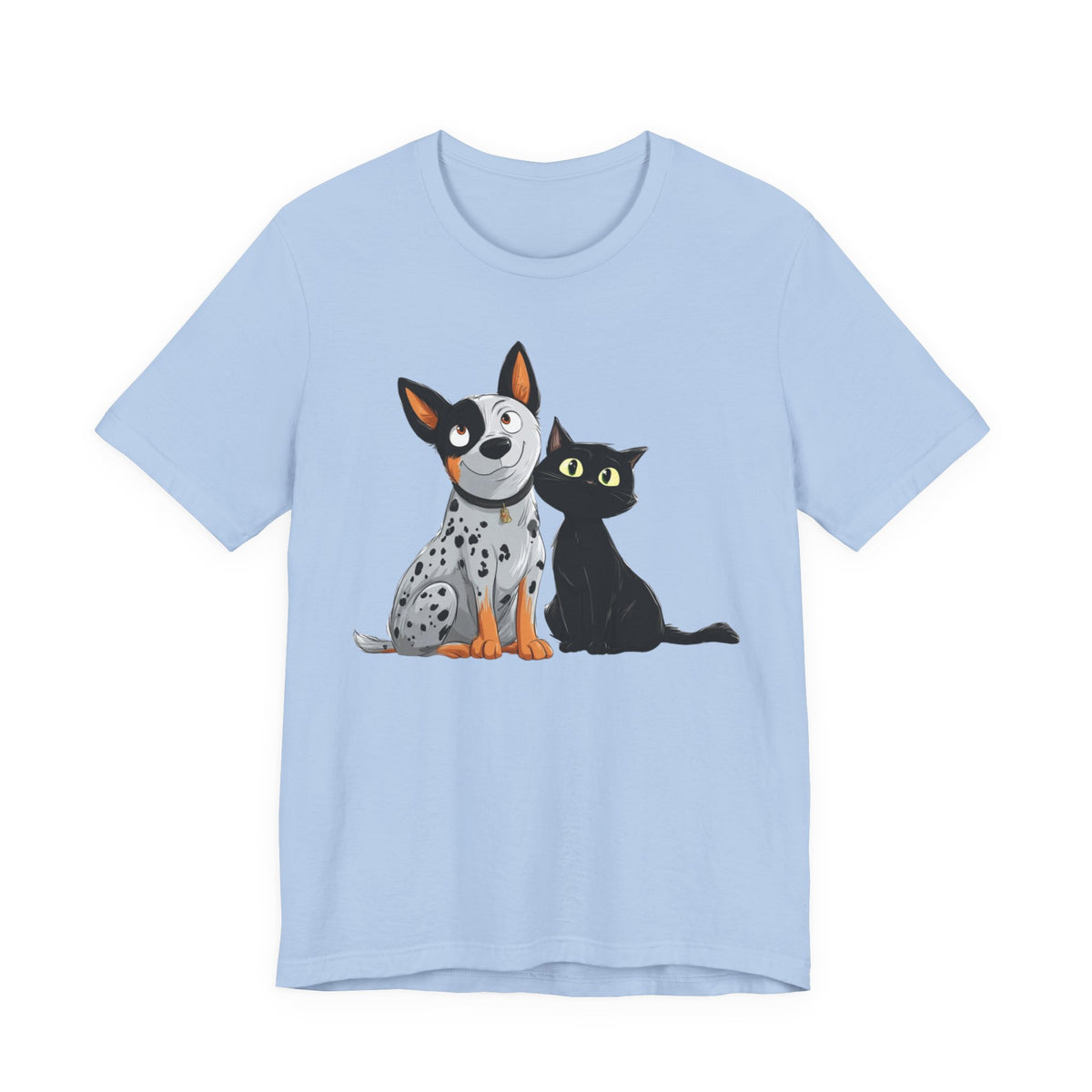 Playful illustration of a cattle dog and black cat on a light blue tee