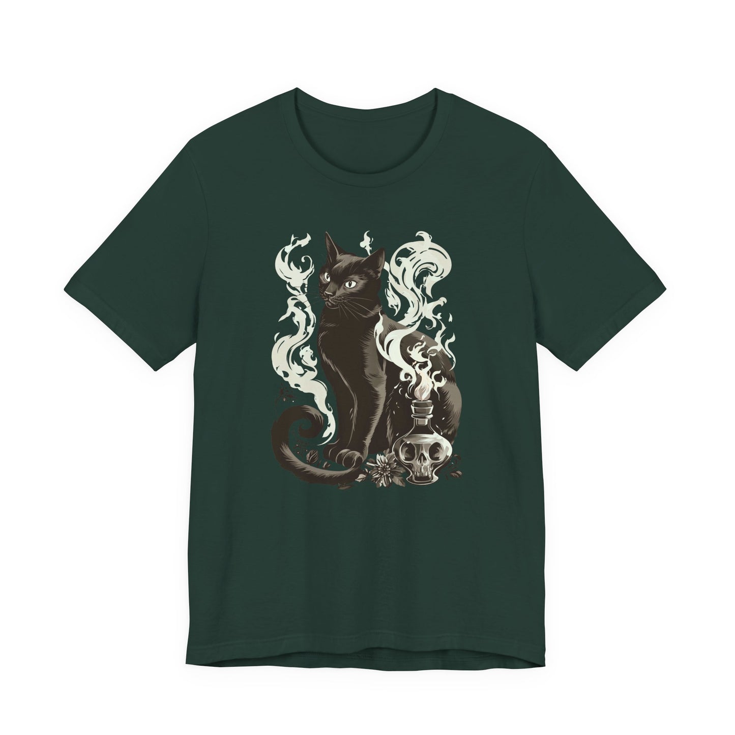 A dark green short-sleeve crewneck t-shirt featuring a graphic print of a black cat sitting next to a skull with swirling white and gray smoke details.