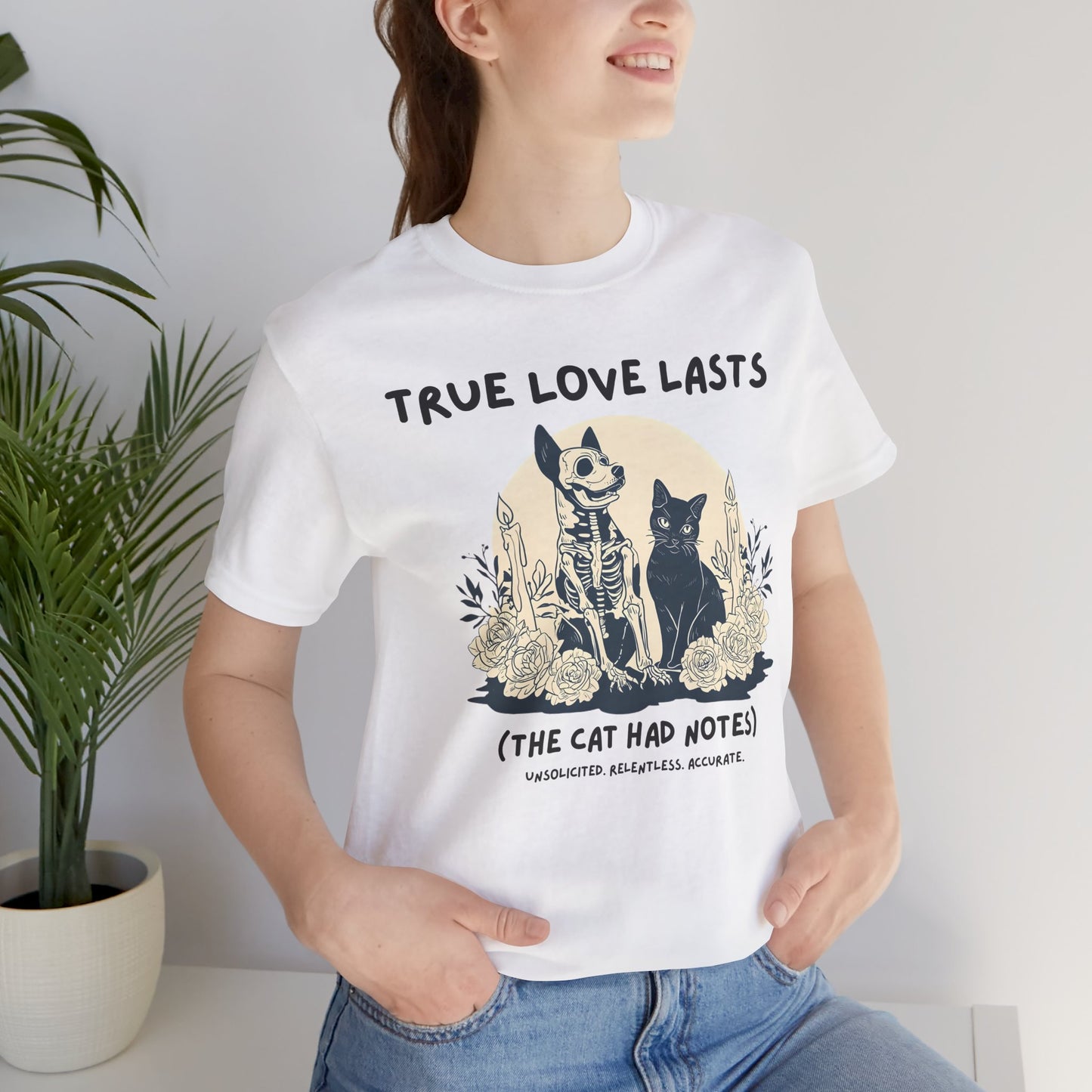 True Love Lasts T-Shirt — Dark Romance Skeleton & Cat Graphic Tee