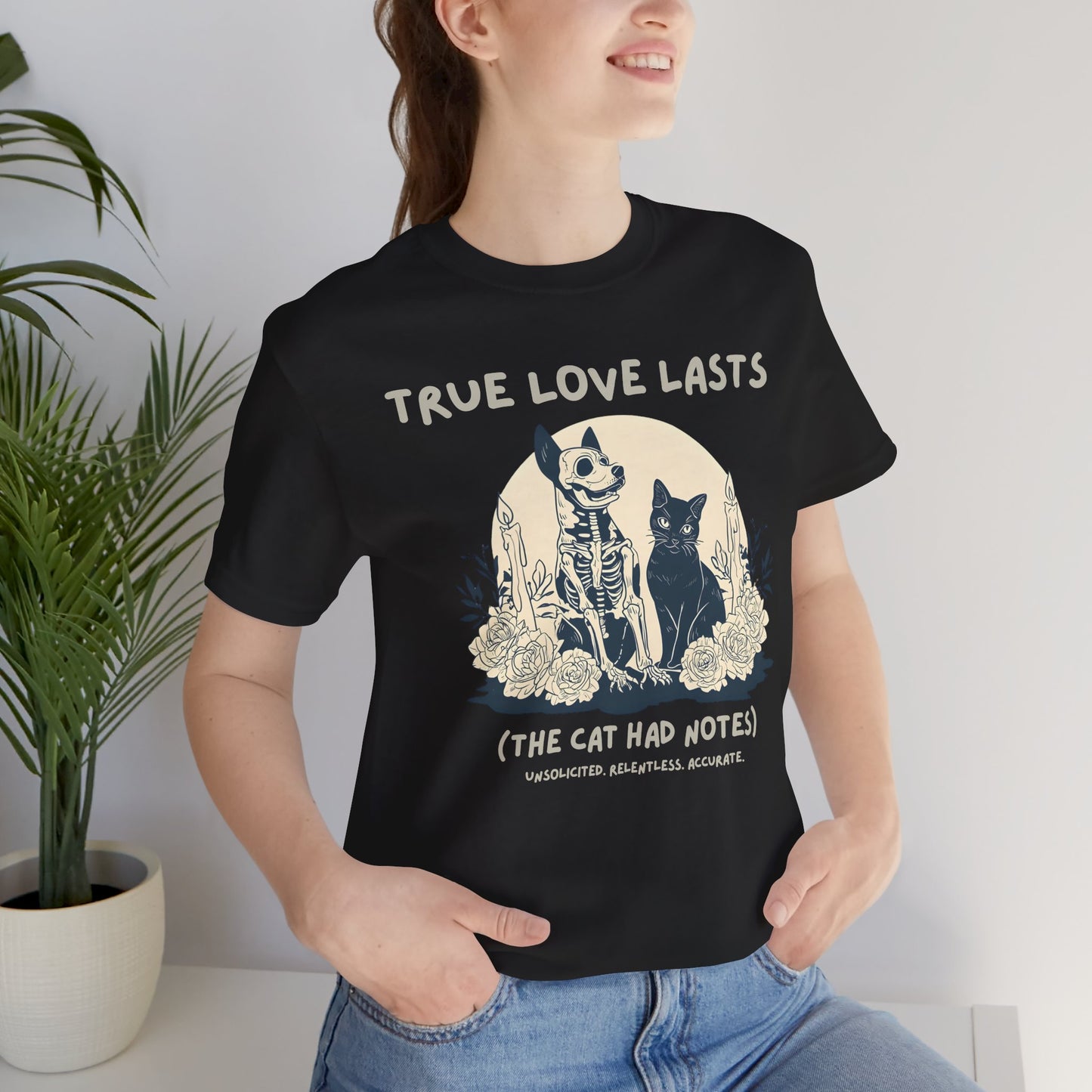 True Love Lasts T-Shirt — Dark Romance Skeleton & Cat Graphic Tee