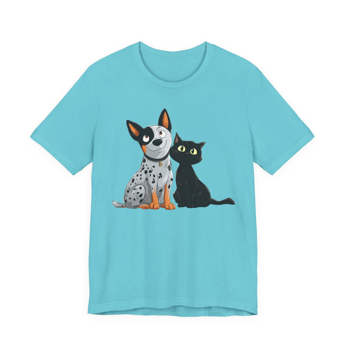 Playful illustration of a cattle dog and black cat on a turquoise tee
