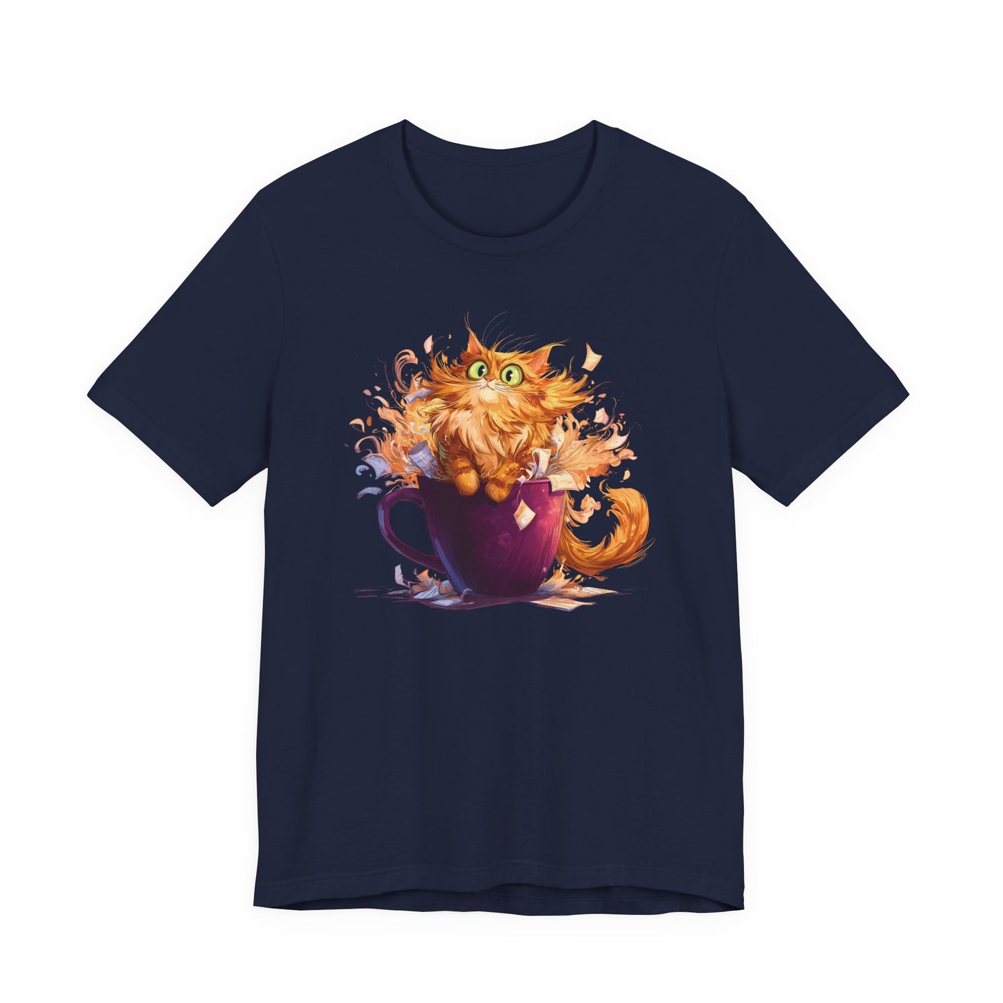A navy blue short-sleeve crewneck t-shirt featuring a colorful graphic print of an orange tabby cat bursting out of a purple mug with tea splashes.