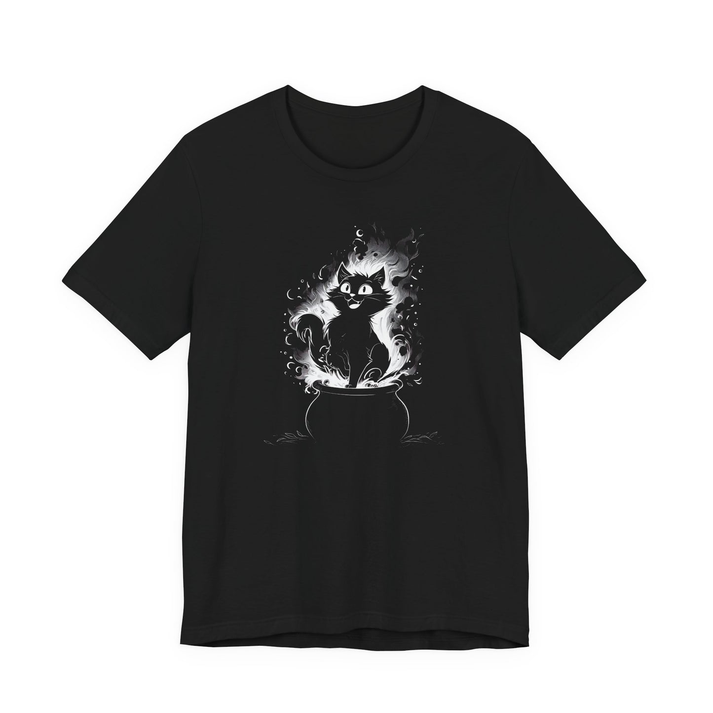 Black  t-shirt with a white graphic design of a vintage black kitten in a cauldron a white background