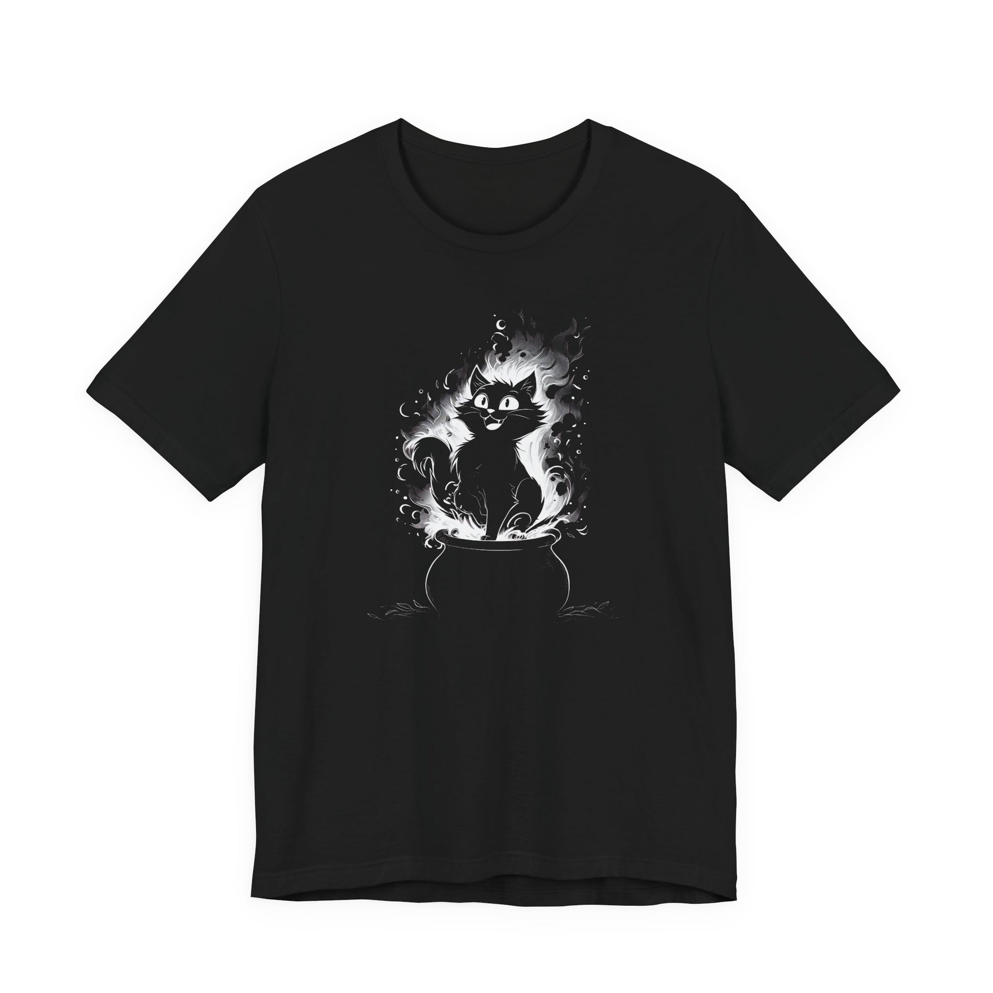 Black  t-shirt with a white graphic design of a vintage black kitten in a cauldron a white background