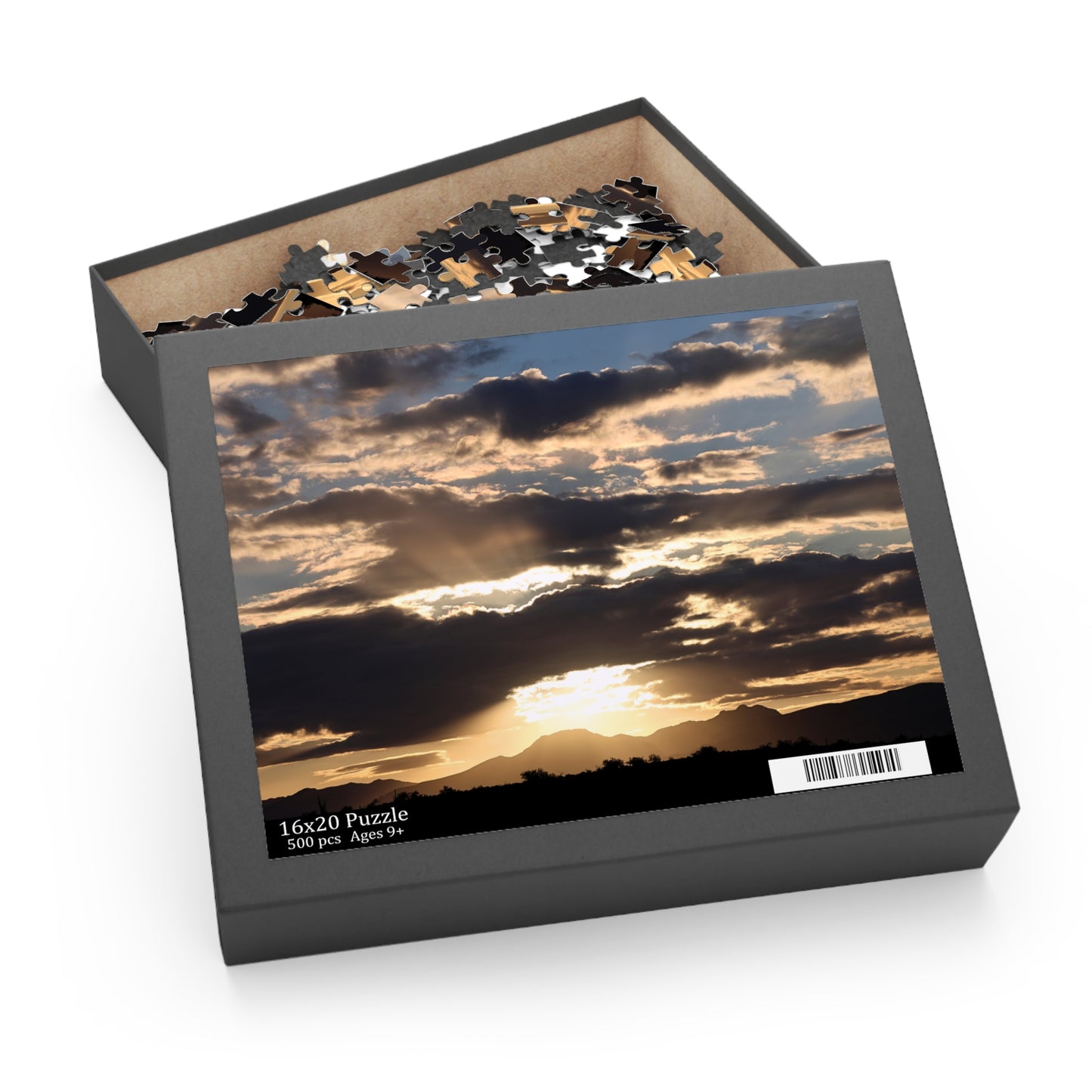 Jigsaw puzzle box with a sunset design on the lid Arizona desert landscape photo puzzle with glossy chipboard pieces and Tonto National Forest sunrise artwork