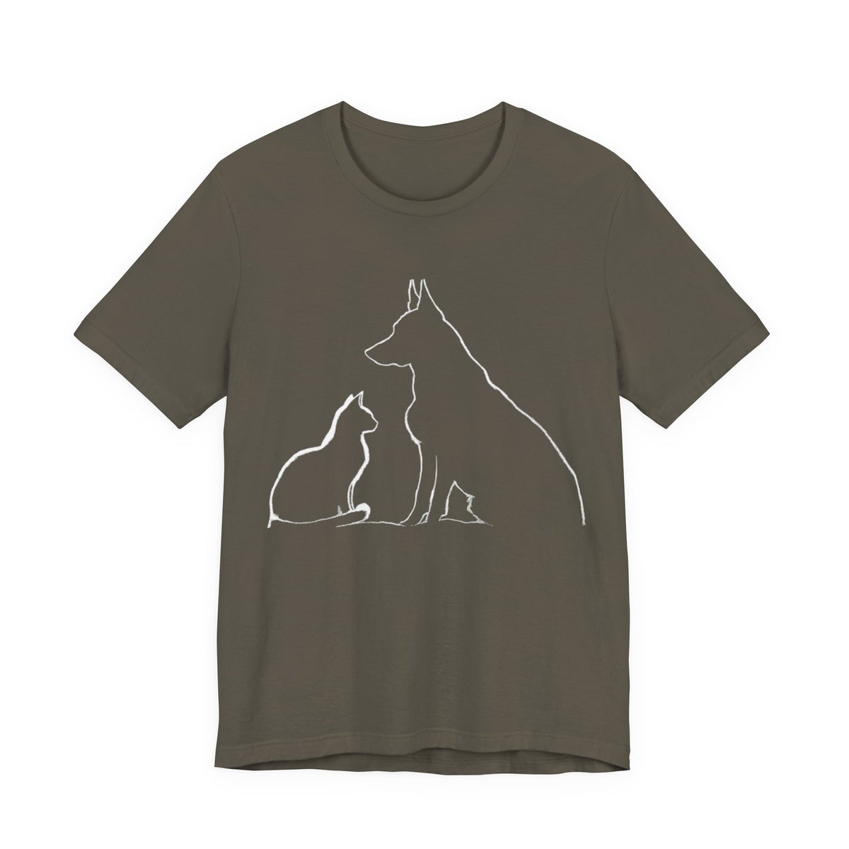 Olive green t-shirt displaying a white silhouette of a dog and cat.
