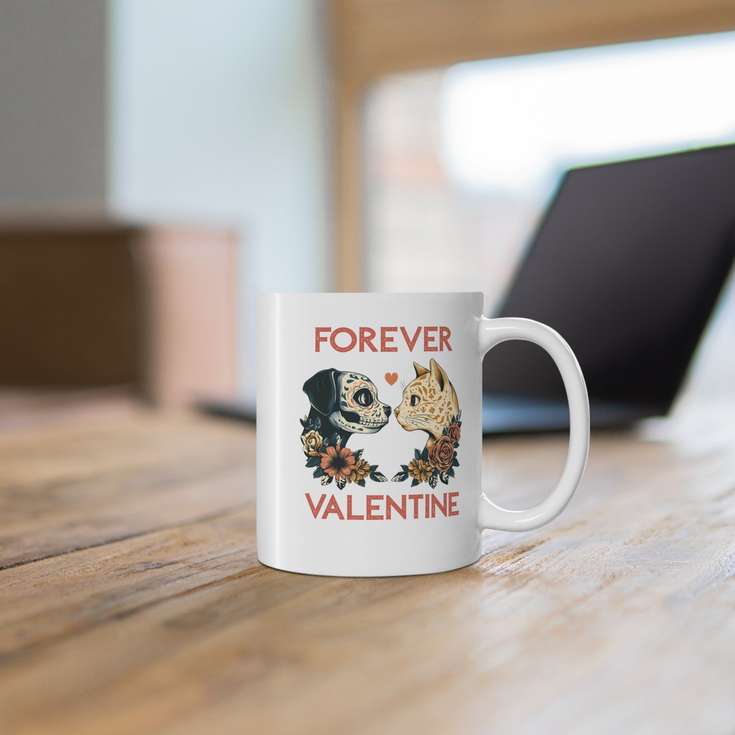 Forever Valentine Mug, Dog Skull and Cat Romantic 11oz
